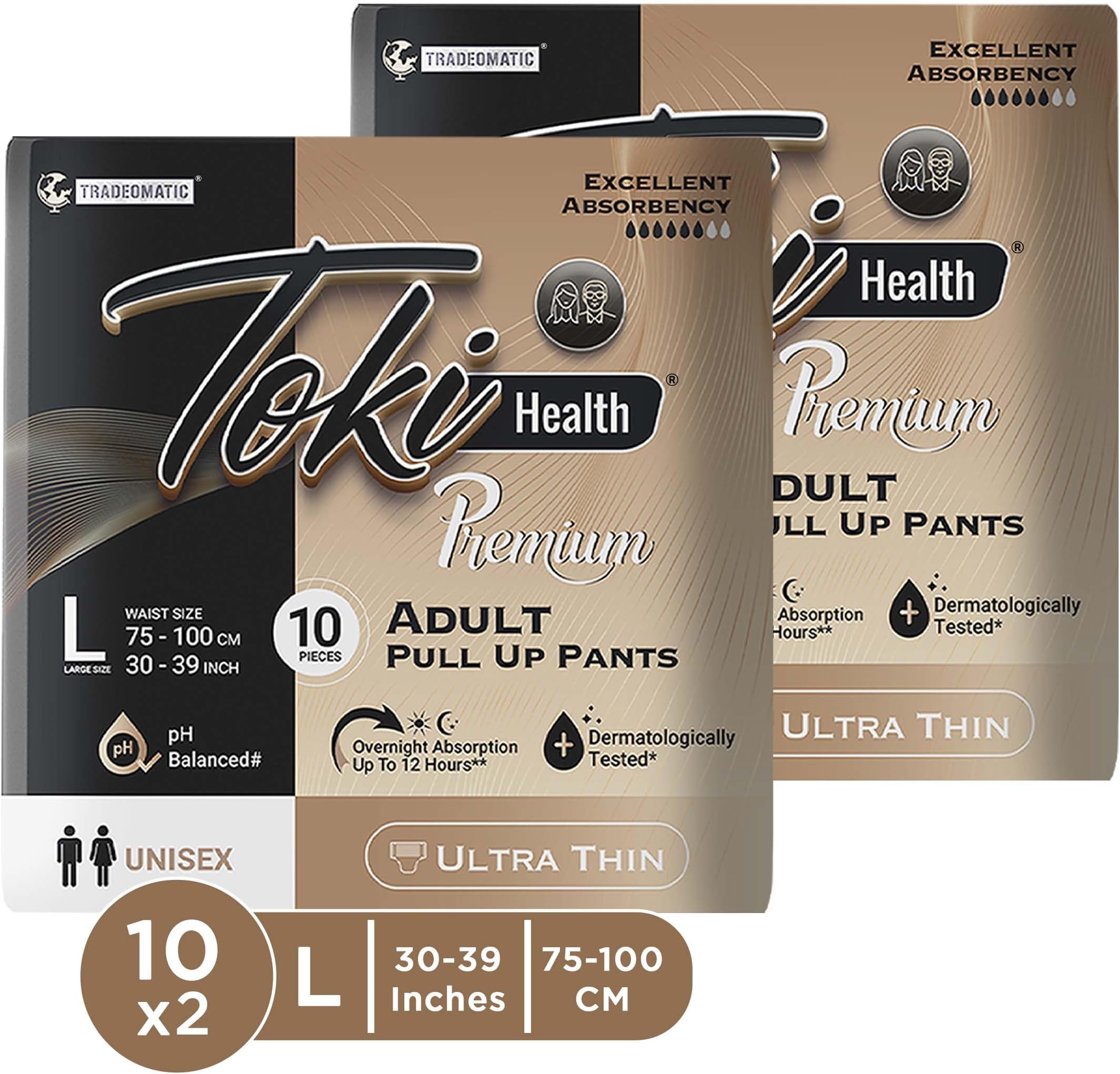 TokiHealth Ultra Thin Premium Pull Up Adult Diapers Pants Style Size L Waist 30 to 39 Inches (75-100 CM) | Soft 360 Waistband, 3D Leak Guard & Upto 12 Hours Overnight Absorption - Unisex -L 20 Count