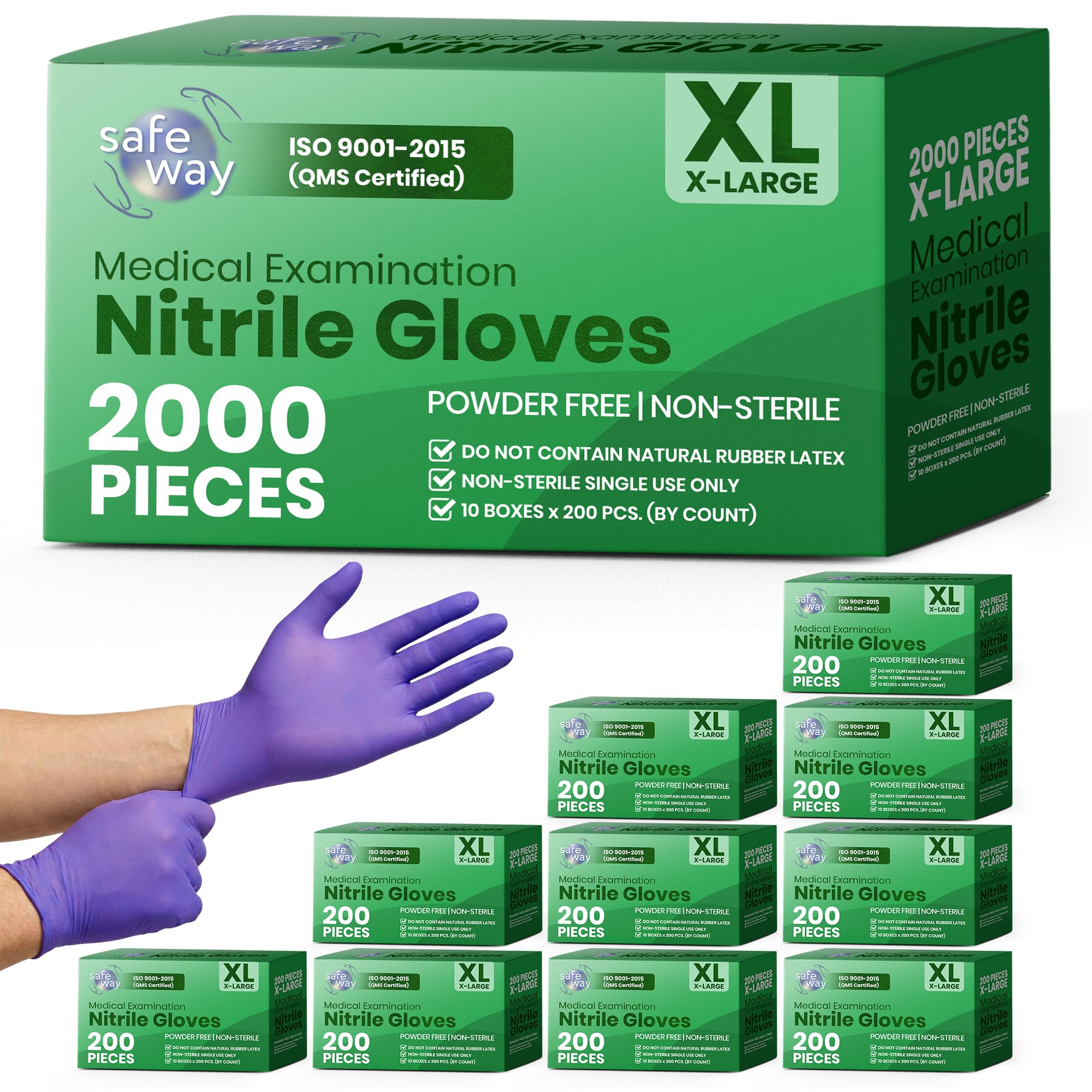 SAFEWAY USA 2000 pcs, X-Large, Nitrile Disposable Gloves — Multi-Purpose Powder-Free and Non-Latex Textured Fingertips for Medical Use, Nursing, Lab