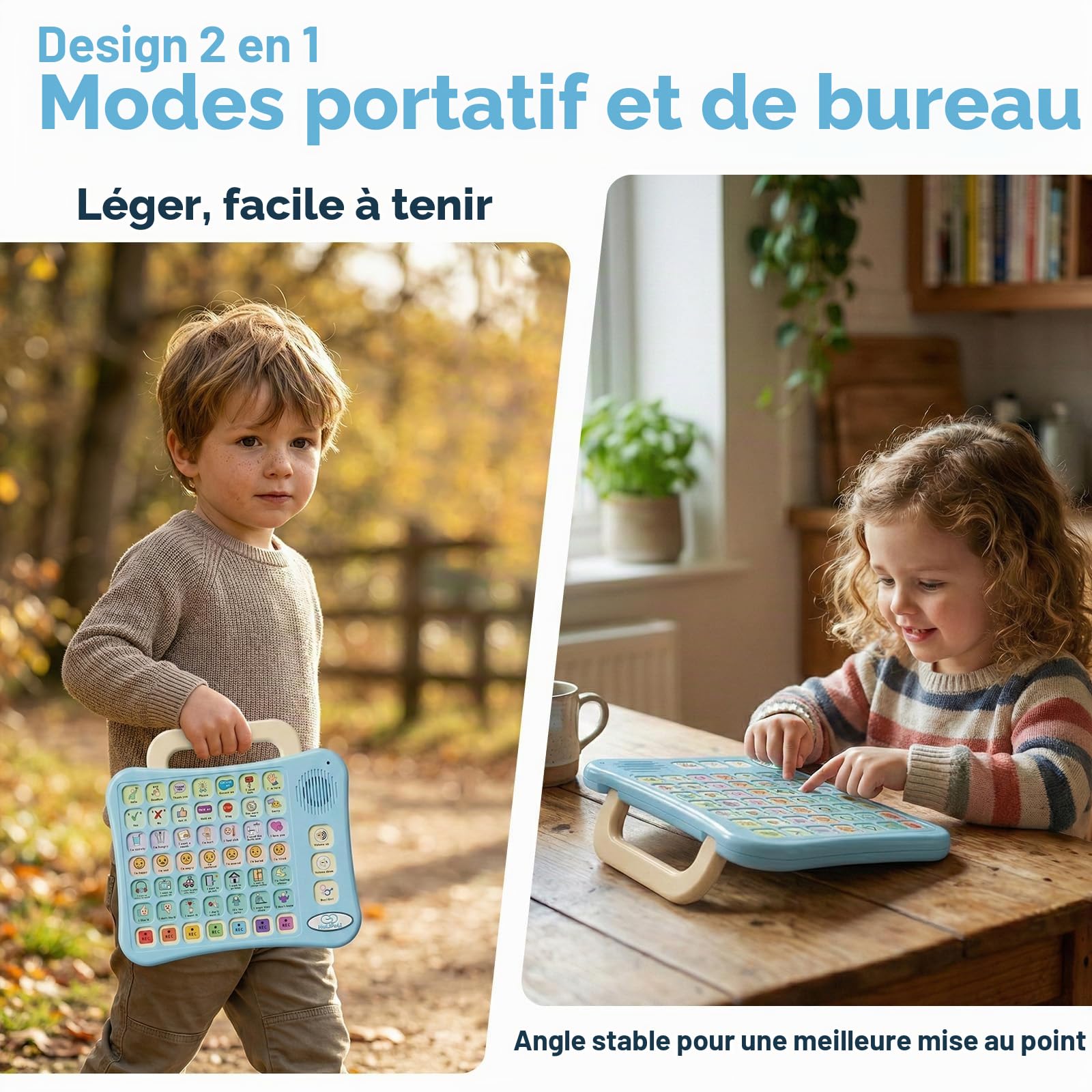 Appareil AAC pour autisme, tablette de communication avec 52 boutons à code couleur, support de poignée pliable, interrupteur vocal pour garçon/fille, 7 boutons d'enregistrement pour enfants non