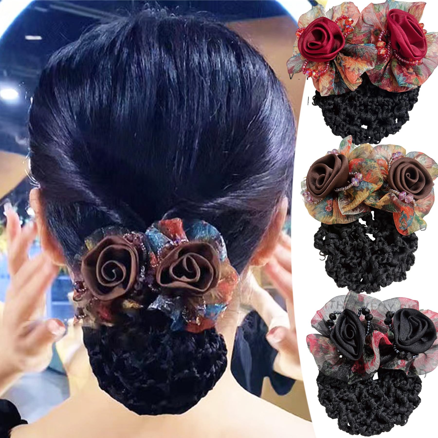 3 Pcs Flower Hair Bun Holder Covers for Women with Bowknot Hair Clips, Barrette Ribbon, and Snood Hairnet