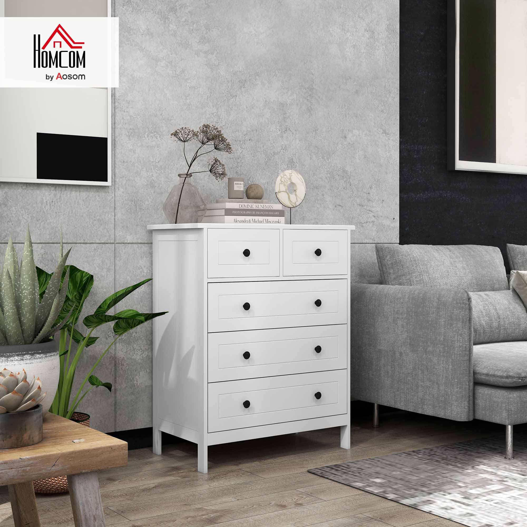 HOMCOM Cassettiera Camera da Letto, Cassettiera 5 Cassetti in Legno con Maniglie, Comò Salvaspazio e Antiribaltamento, per Soggiorno, Camera da Letto e Ingresso, 74x40x91cm, Bianco