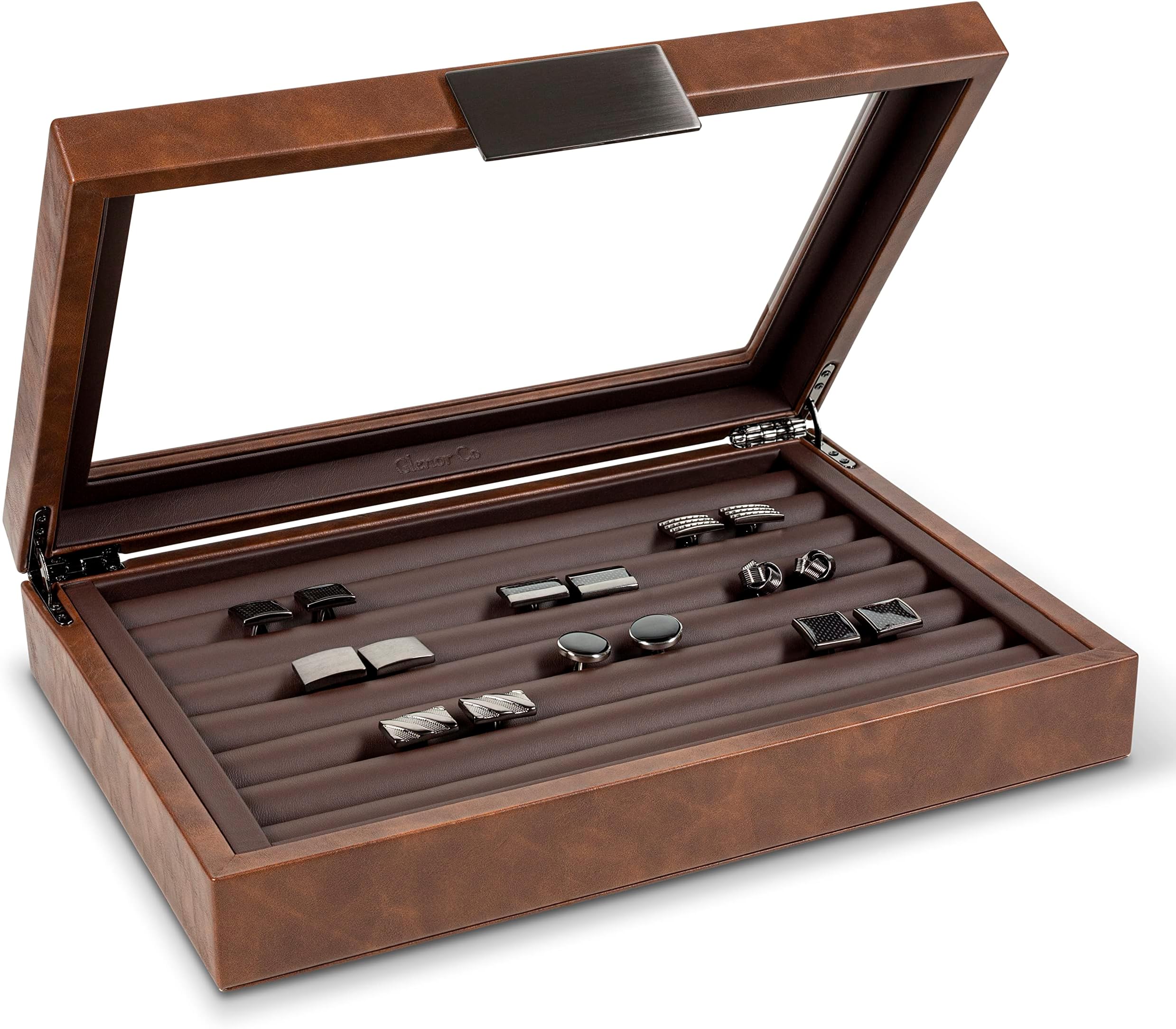 - Co Cufflink Box for Men - Holds 70 Cufflinks - Luxury Display Jewelry Case Design - Metal Buckle Holder, Large Glass Top