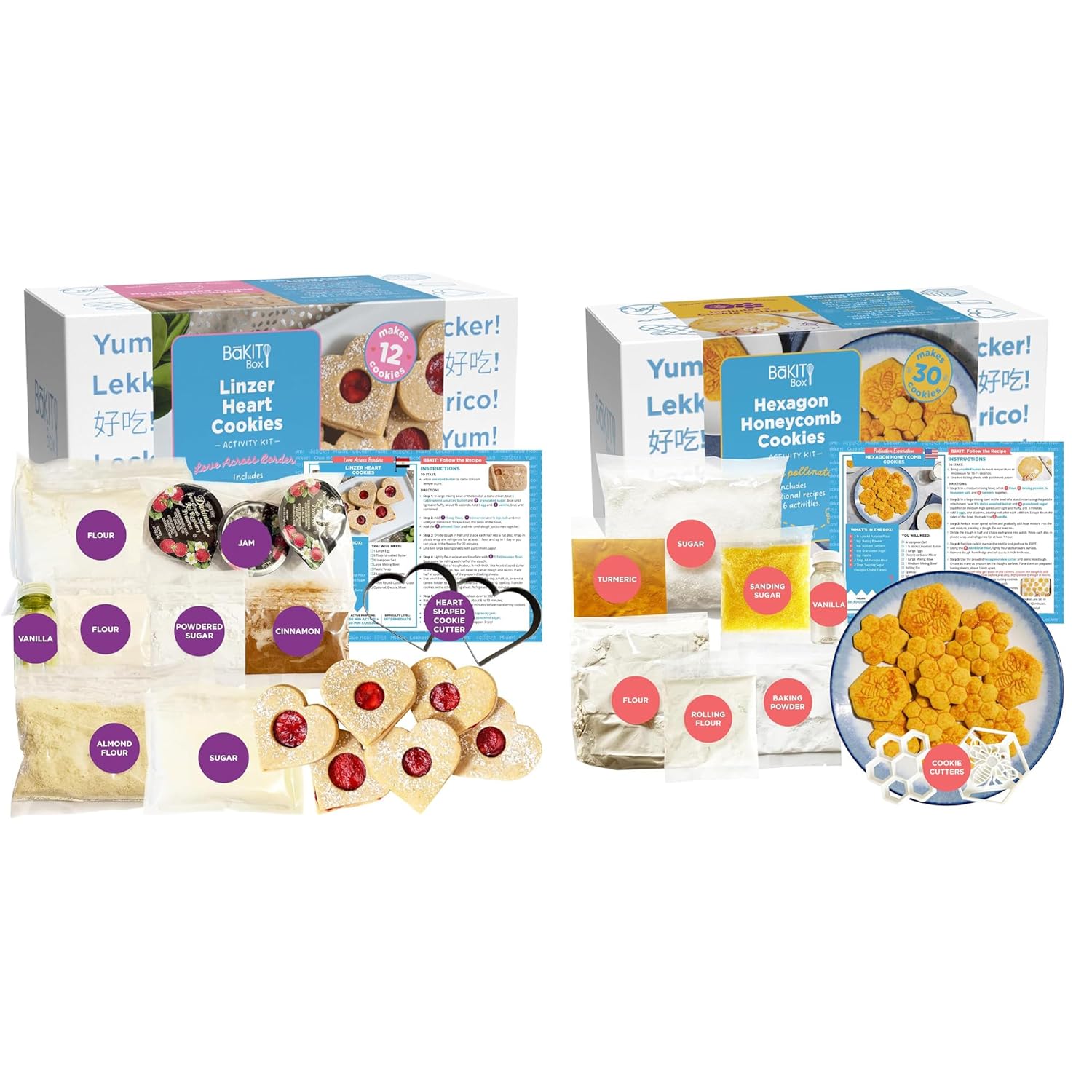 BāKIT Box Linzer Cookies and Hexagon Honeycomb Sugar Cookie Decorating Kit - Fun Baking Kit to Make Valentines Cookies - Homeschool Curriculum Geometry Kids Activities Baking Kit - STEM Birthday Gifts
