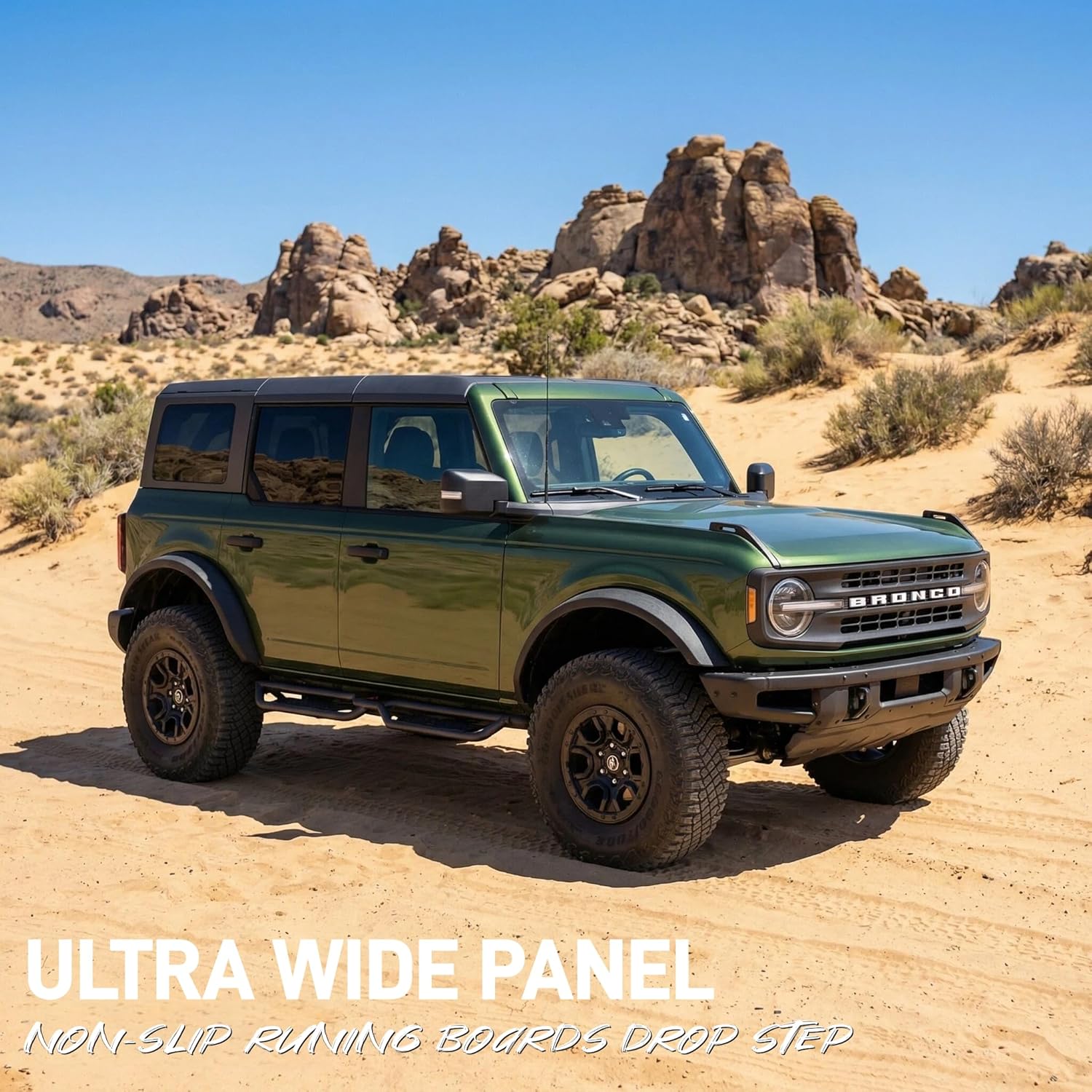 Drop Step Running Boards for 2021-2026 Ford Bronco 4 Doors (Not for Sport Model) Two-Stairs Side Step Rails Coated Black Carbon Steel Drop Step Nerf Bars Bolt-on Step Plates Rock Sliders Rail