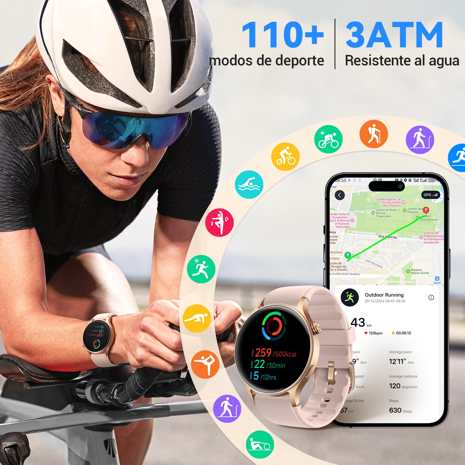 Reloj Inteligente para Mujer con Llamada Bluetooth 5.3, Smartwatch 1.32" AMOLED para Android iOS, podómetro con 110+ Deportes y 3ATM Pulsera Fitness con Monitor de sueño/SpO2