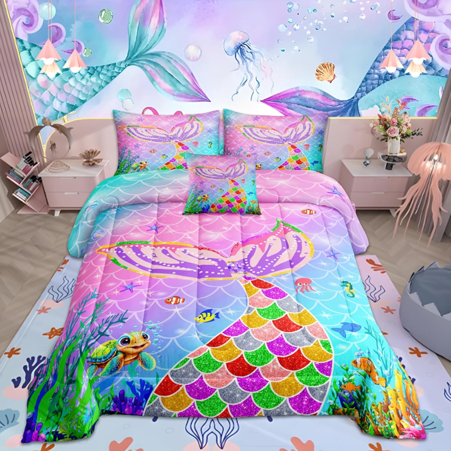 ROWADALO 5 Pieces Mermaid Scale Glitter Comforter Set Fish Scale Shell Starfish Girls Bedding Set,Gradient Rainbow Mermaid Tail Bed in A Bag Twin Size Complete Set for Girls Bedroom,MRY504-Twin