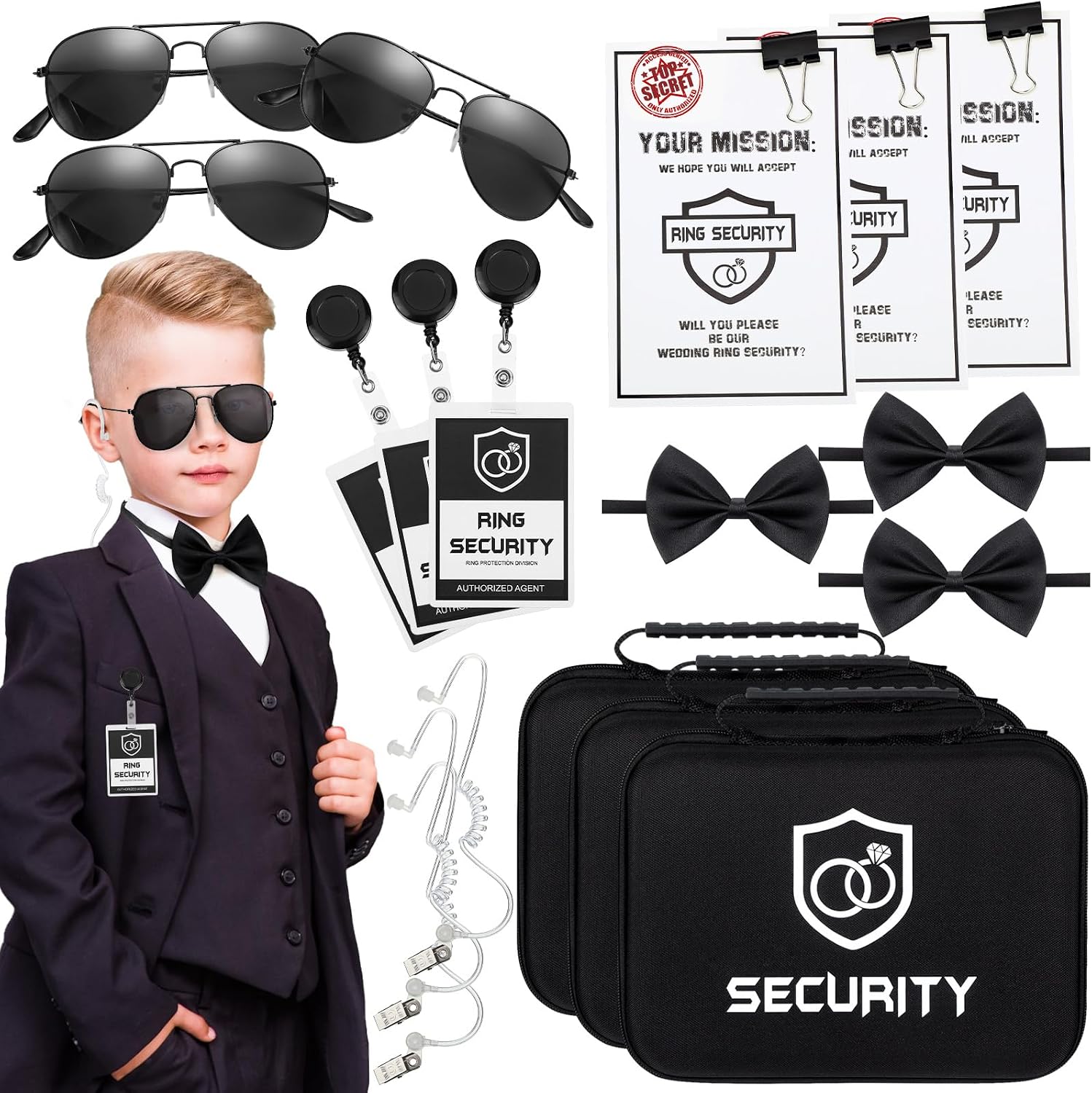 Mepase 7 Pcs Ring Wedding Bearer Security Set Include Ring Bearer Box ID Badge Holder Sunglass Acoustic Earpiece Tube Mission Card with Binder Clip Bow for Kids (Cloth Suitcase)