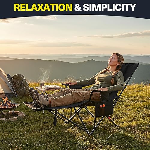 Miniatura 4 de Silla de camping reclinable 2 en 1, silla de playa plegable portátil con reposapiés y respaldo ajustable, cómoda silla de césped para adultos