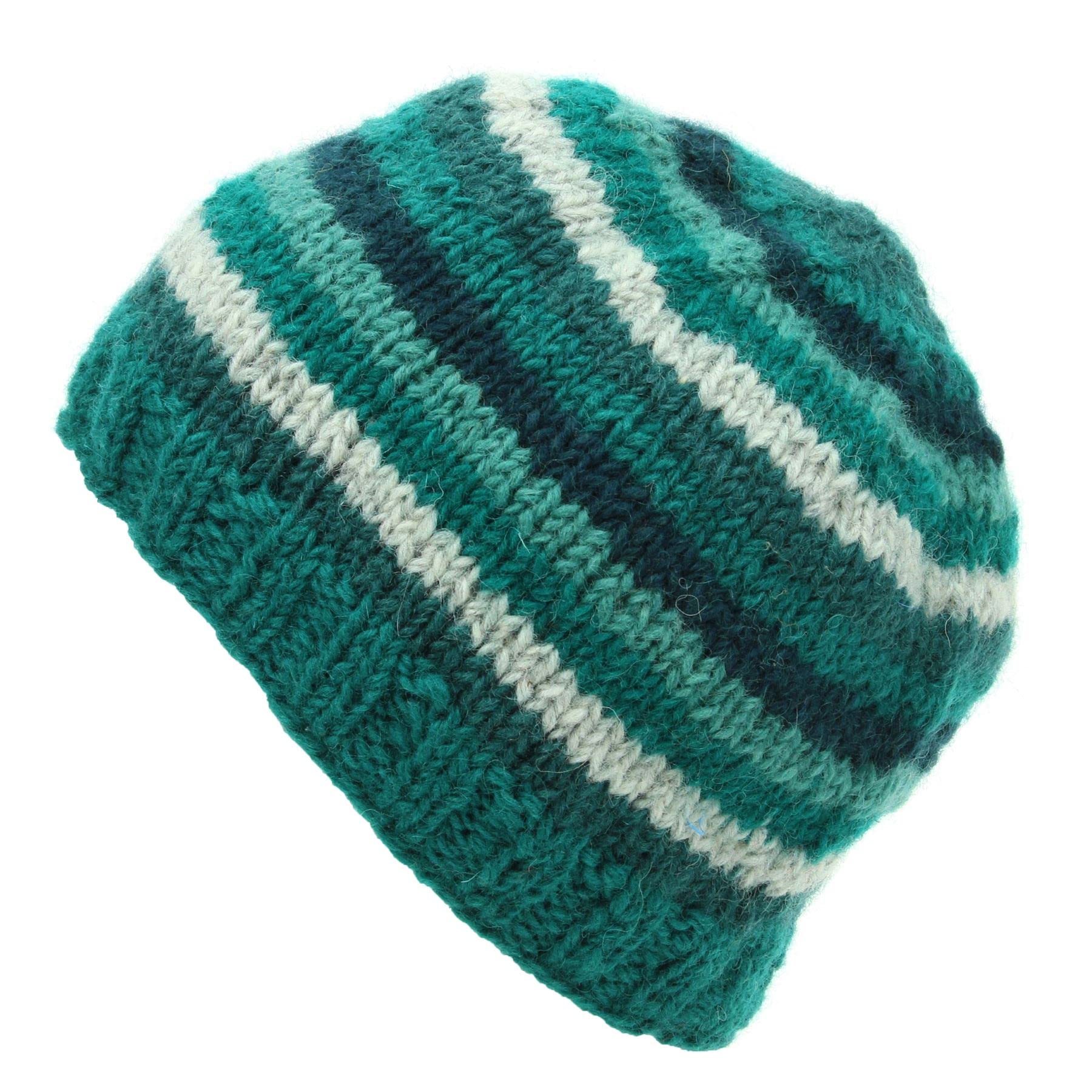LOUDelephant Hand Knitted Wool Beanie Hat - Stripe Teal
