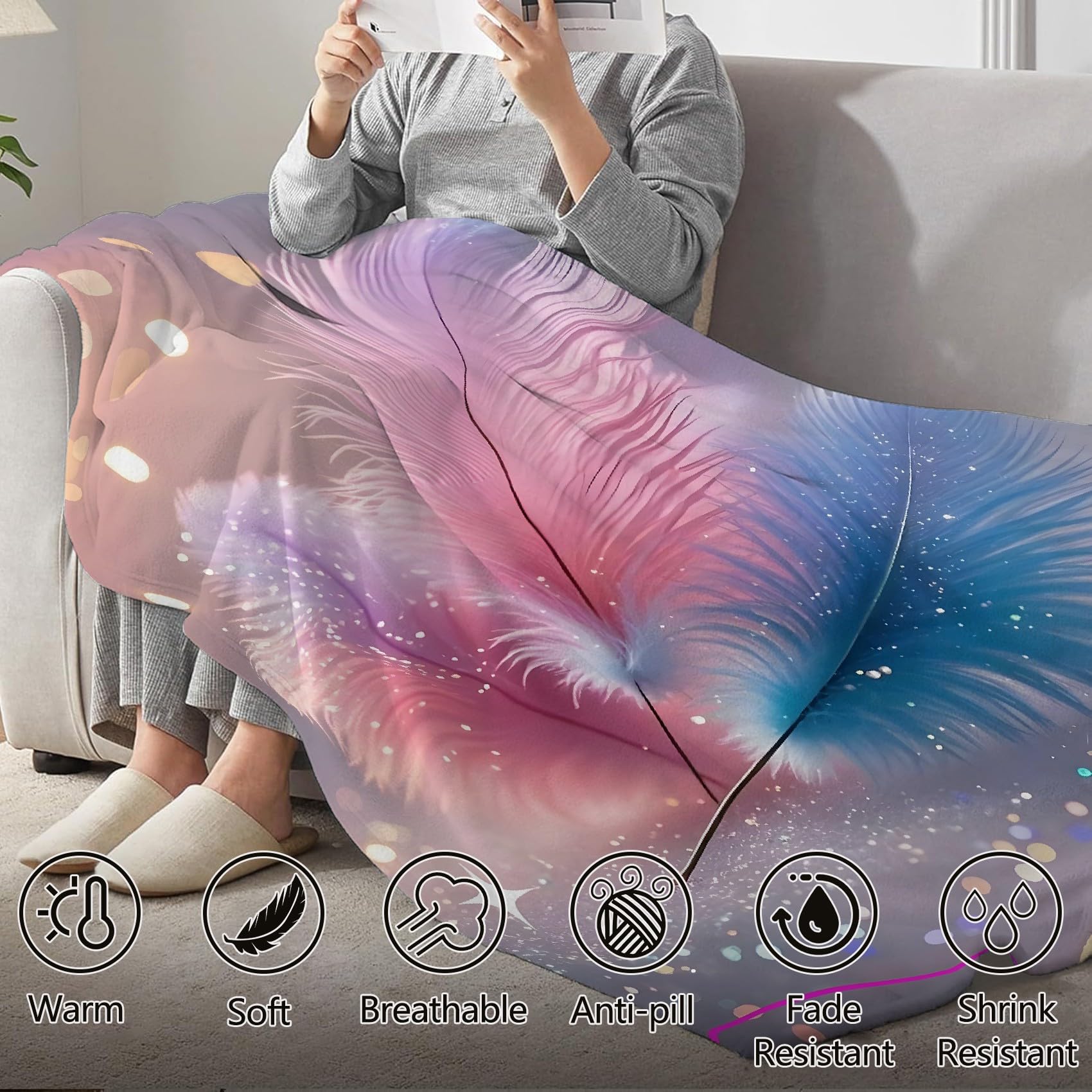 Generisch Puszysty koc z niebieskimi i różowymi piórami 220 x 240 cm, miękki i dwustronny koc polarowy w gwiazdy, idealny koc na sofę dla wszystkich, przytulny koc na sofę i łóżko SF480