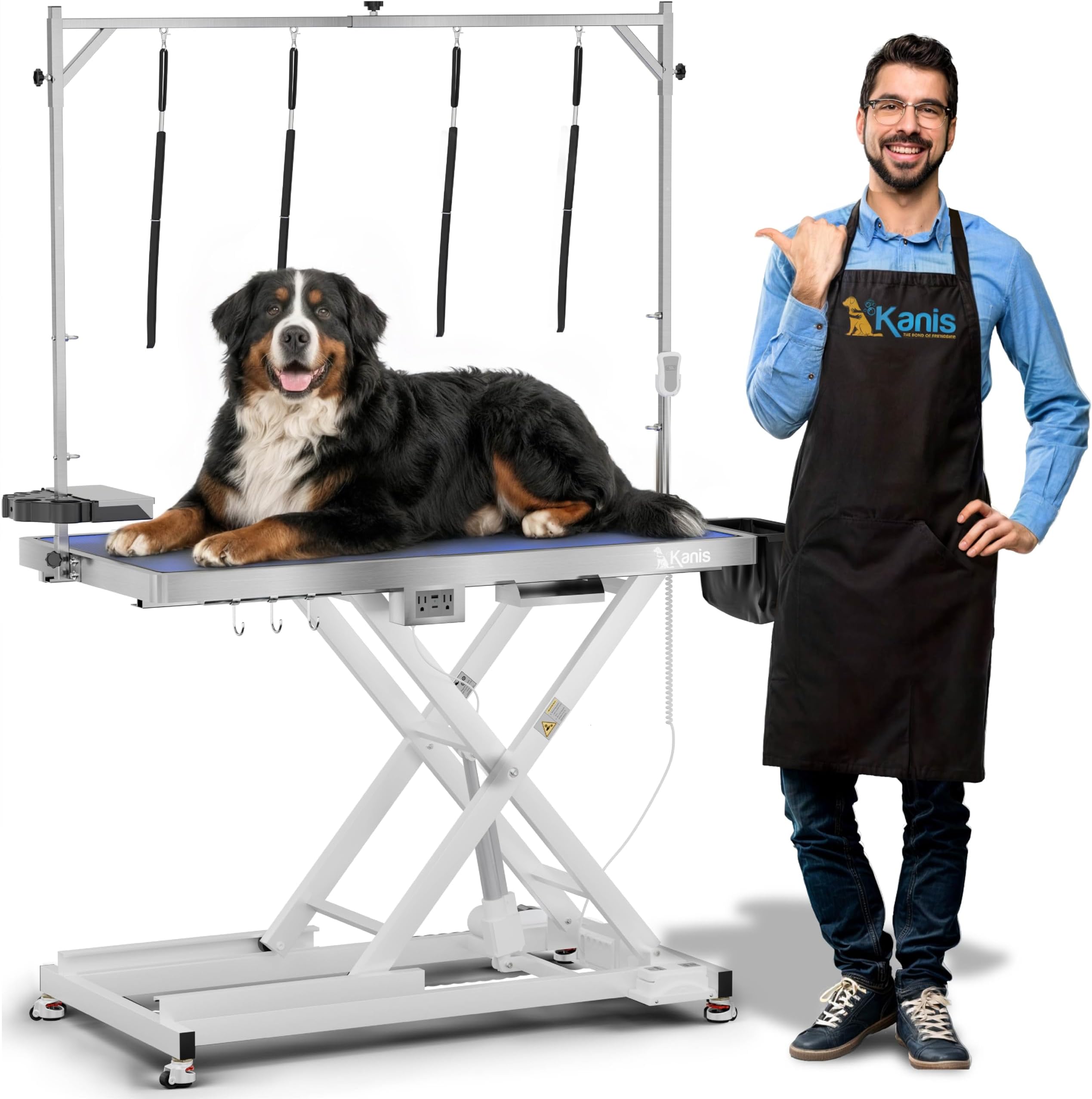 KANIS 49" Professional Electric Dog Grooming Table - Heavy Duty, Height Adjustable Pet Grooming Table w/Leveling Wheels, Dog Grooming Arm, Anti Slip Tabletop & Tool Organizer/Dog Grooming Station