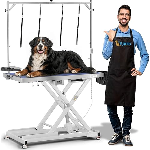 KANIS Professional Electric Dog Grooming Table - Heavy Duty, Height Adjustable Pet Grooming Table w/Leveling Wheels, Grooming Arm, Anti Slip Tabletop & Tool Organizer/Dog Grooming Station (White, 49")