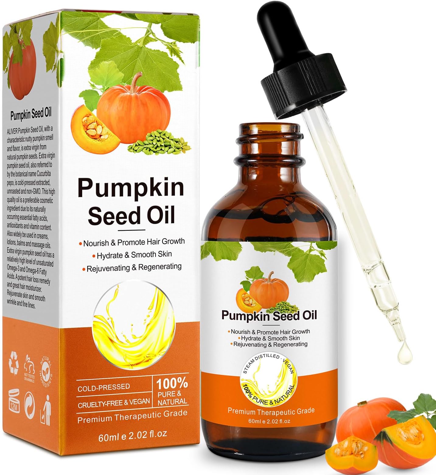 Organic Pumpkin Seed Oil – 100% Pure & Cold-Pressed – Anti-Aging, Hair Growth, Wrinkle Repair – Unrefined Natural Oil for Face, Hair, Skin & Body Massage – 60ml