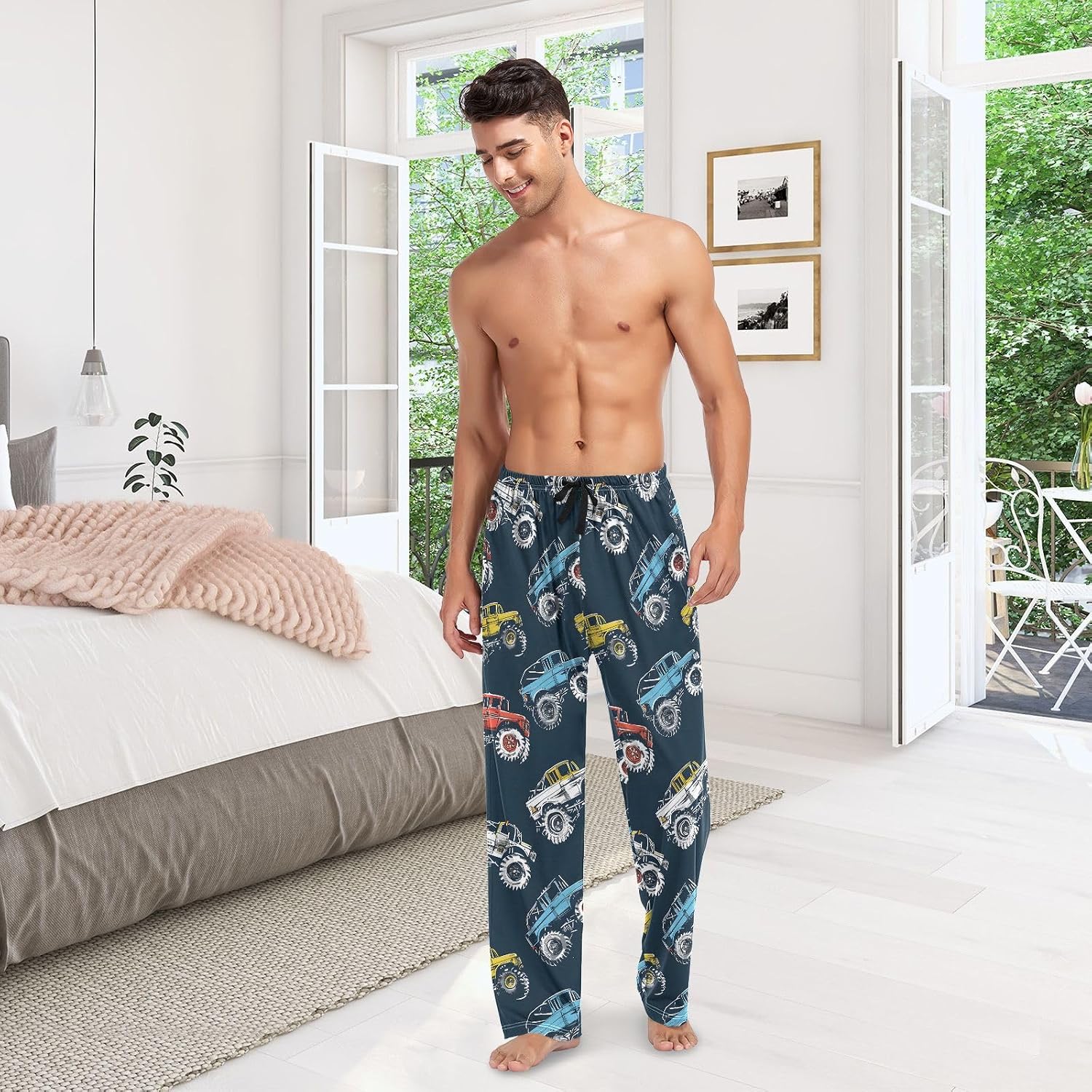 ALAZA Monster Trucks Comic Style Men's Sleepwear Mens Pajama Pants Bottoms with Pockets, S