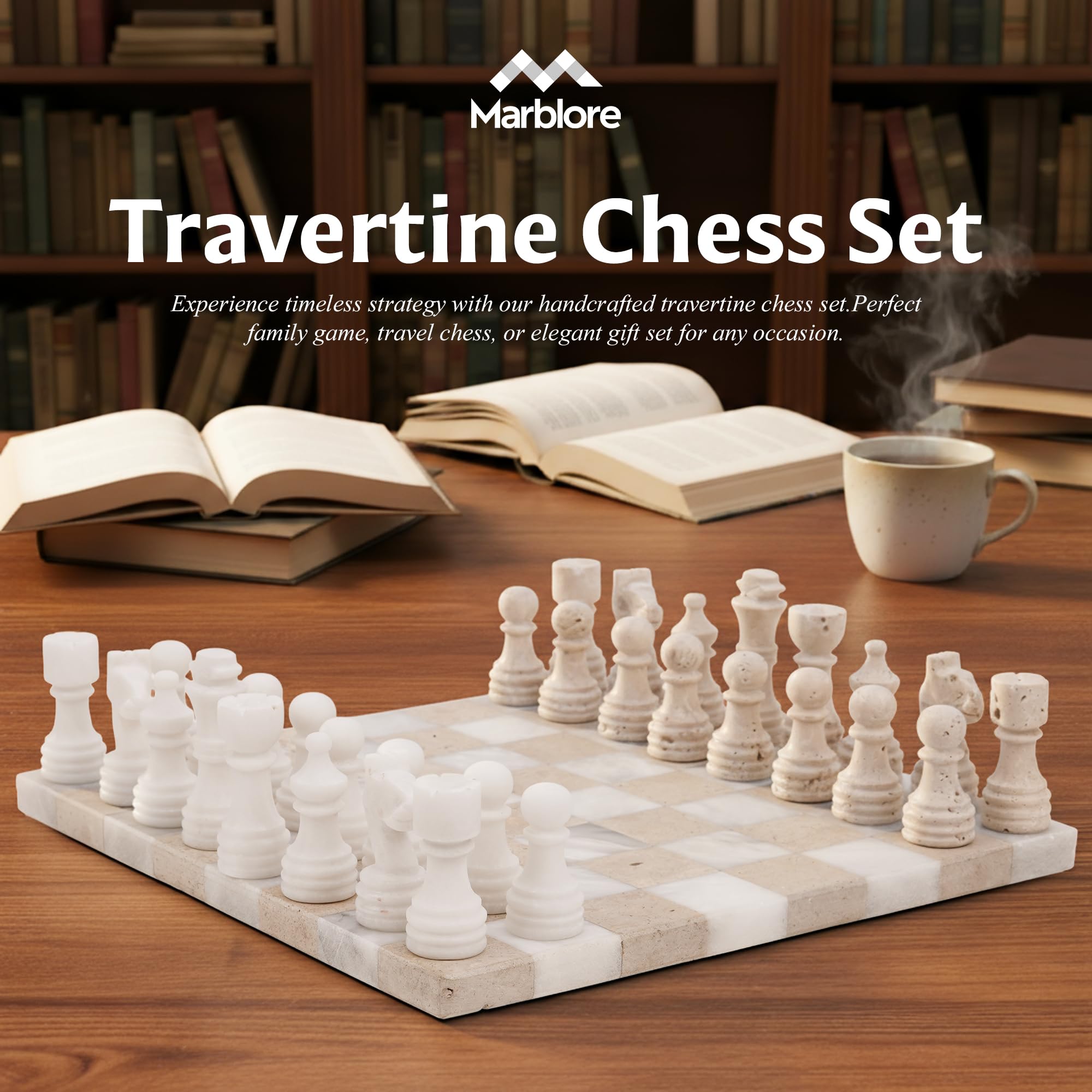 Juegos de ajedrez de mármol para Adultos de 12" Blanco y travertino