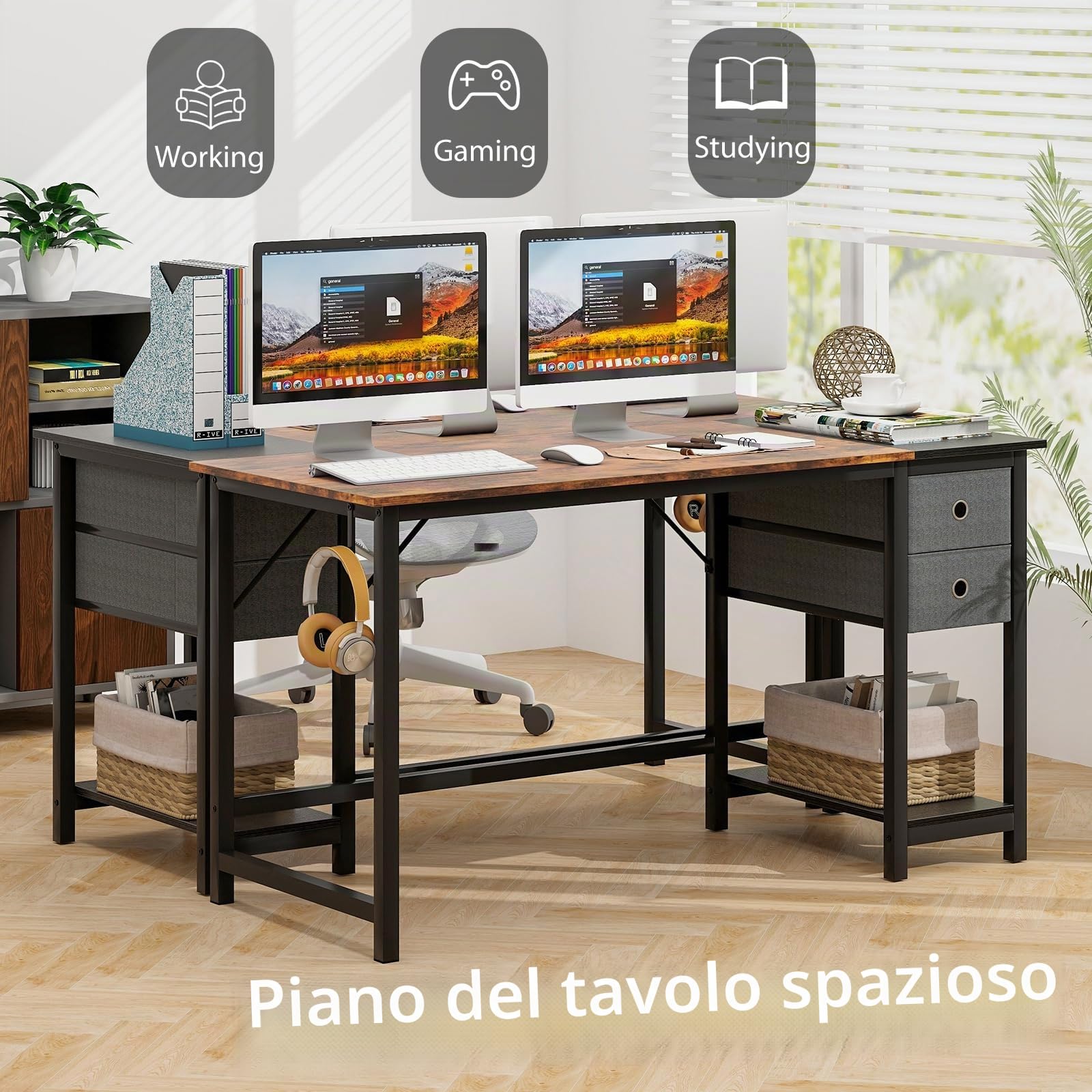 LIFEZEAL Scrivania Ufficio, Scrivania Porta Computer, con 2 Cassetti e Gancio, Postazione di Lavoro, per Studio, Stile Industriale, Scrittoio, Desk, in Legno+Metallo, 140x60 cm
