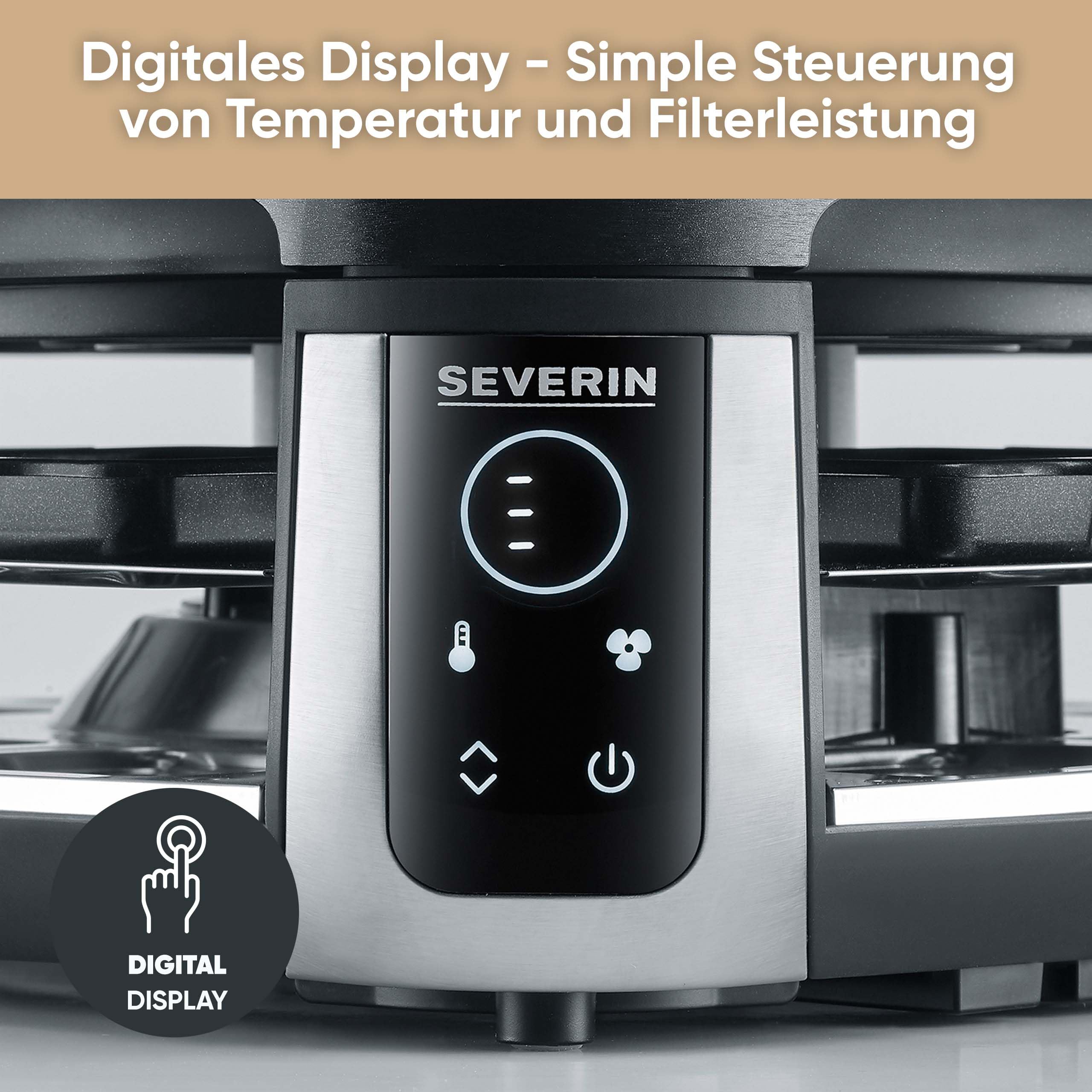 Severin S-Joy Sevento Raclette-Grill mit integriertem Umluft-Filter: weniger Rauch & Gerüche, Digital-Display, 8 Pfännchen & 8 Spatel, kratzfeste ILAG-Beschichtung, bis 230°C, 1900W, schwarz, RG 2350