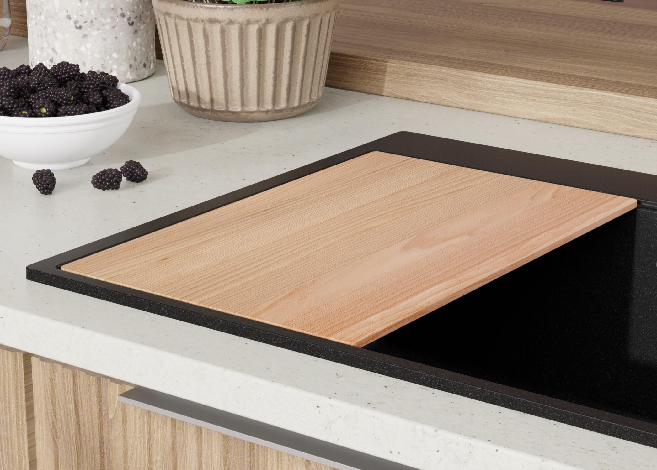 PRIMAGRAN Lavello Angolare Nero 88x50cm, Lavandino in Granito a 1 vasca + Sifone Classico + Tagliere, Lavabo da Cucina Incasso al Mobile 90cm - Oslo 90 Top S705