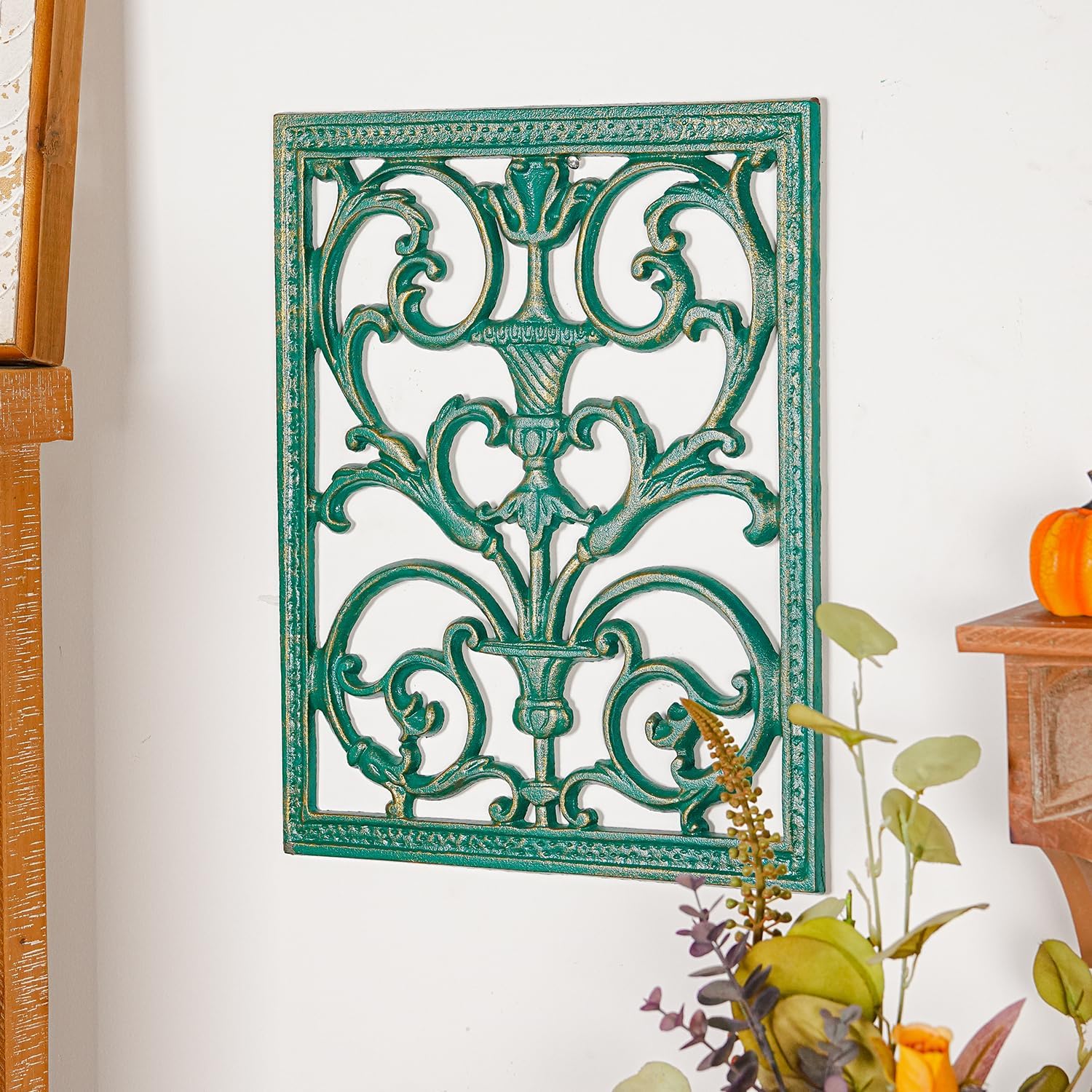 Sungmor Cast Iron Scroll Wall Decor, Flower Carved Artwork, 12x15 Inch Intricate and Pretty Plaque, Living Room, Bedroom Decorations, Antique Green with Gold Accent