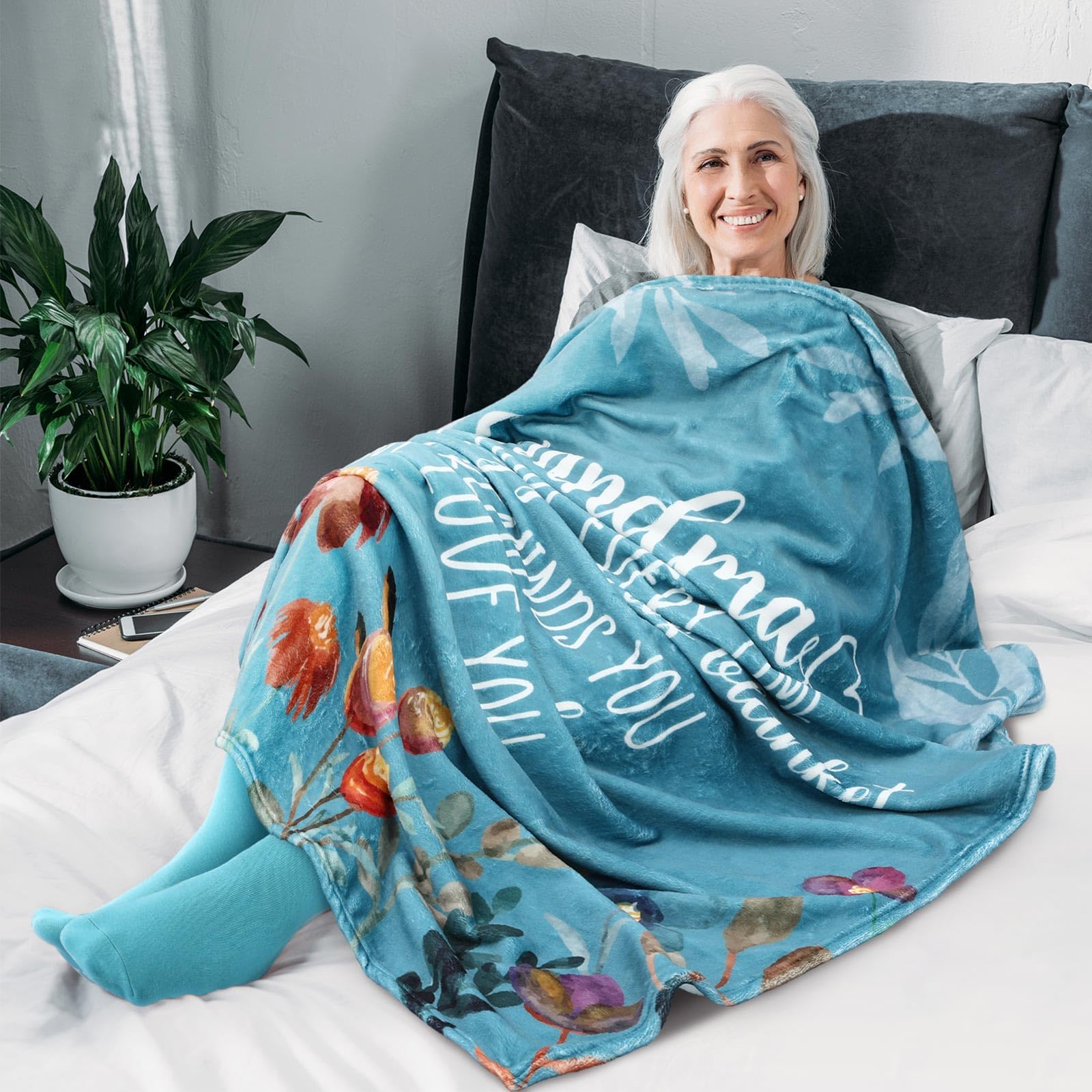 Geiserailie Geschenk-Set für Großmutter, 6-teilig, Motiv: Oma, lebhafte Blüte, Flanell-Überwurf, Decke, Trinkbecher, Socken, Tragetasche, Geburtstagsgeschenk-Set für Oma von Enkelkindern, Enkelkindern