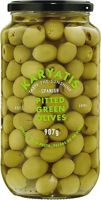 Karyatis Spanish Green Pitted Olives in Brine, Glass Jar, 907g