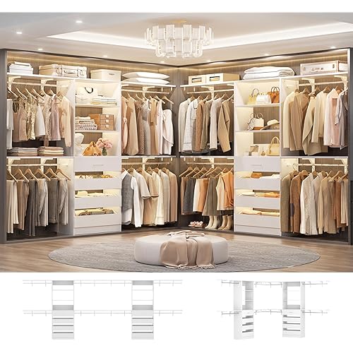 Aheaplus Closet System with Drawers Set of 2, Wood Closet Organizer System with 8 Hanging Rods & Top Shelves, Walk-in Closets Organizer Wardrobe Clothes Rack System, Cut Fits Spaces 4-9FT. Wide, White