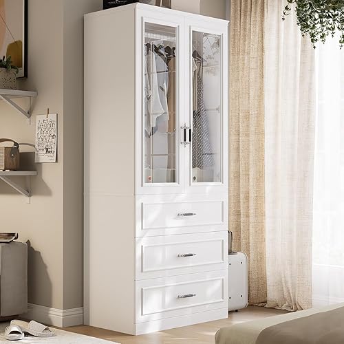 Armoire Wardrobe Closet with 2 Door & 3 Drawers, 74.8" Large Wardrobe Cabinet with Hanging Rod, Freestanding Modern Bedroom Armoire Storage Cabinet, White