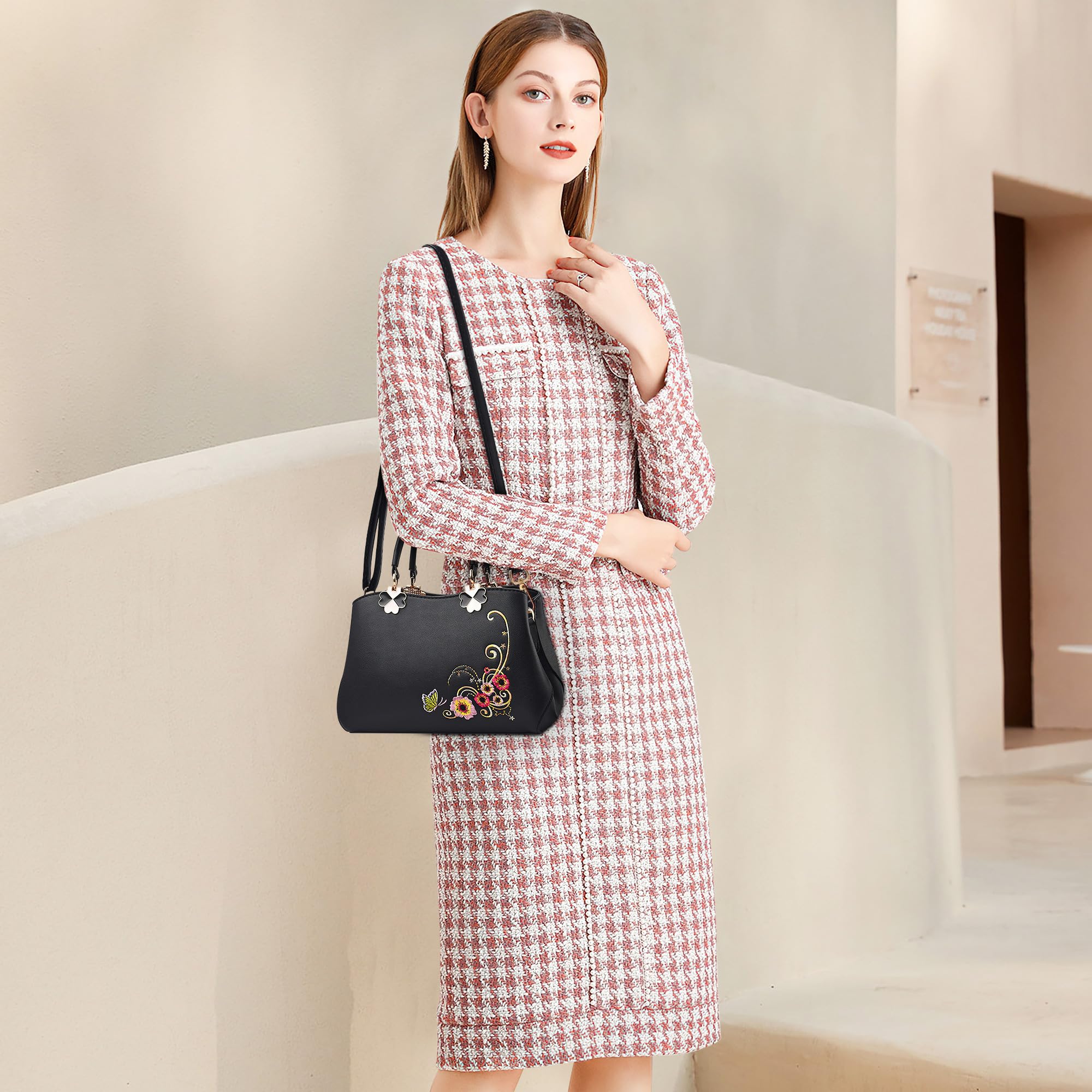Borsa a Mano Piccola Donna Con Ricami Floreali - Elegante Borsetta a Spalla in Pelle PU - Tracolla per Shopping, Lavoro, Incontri - Crossbody Nero C