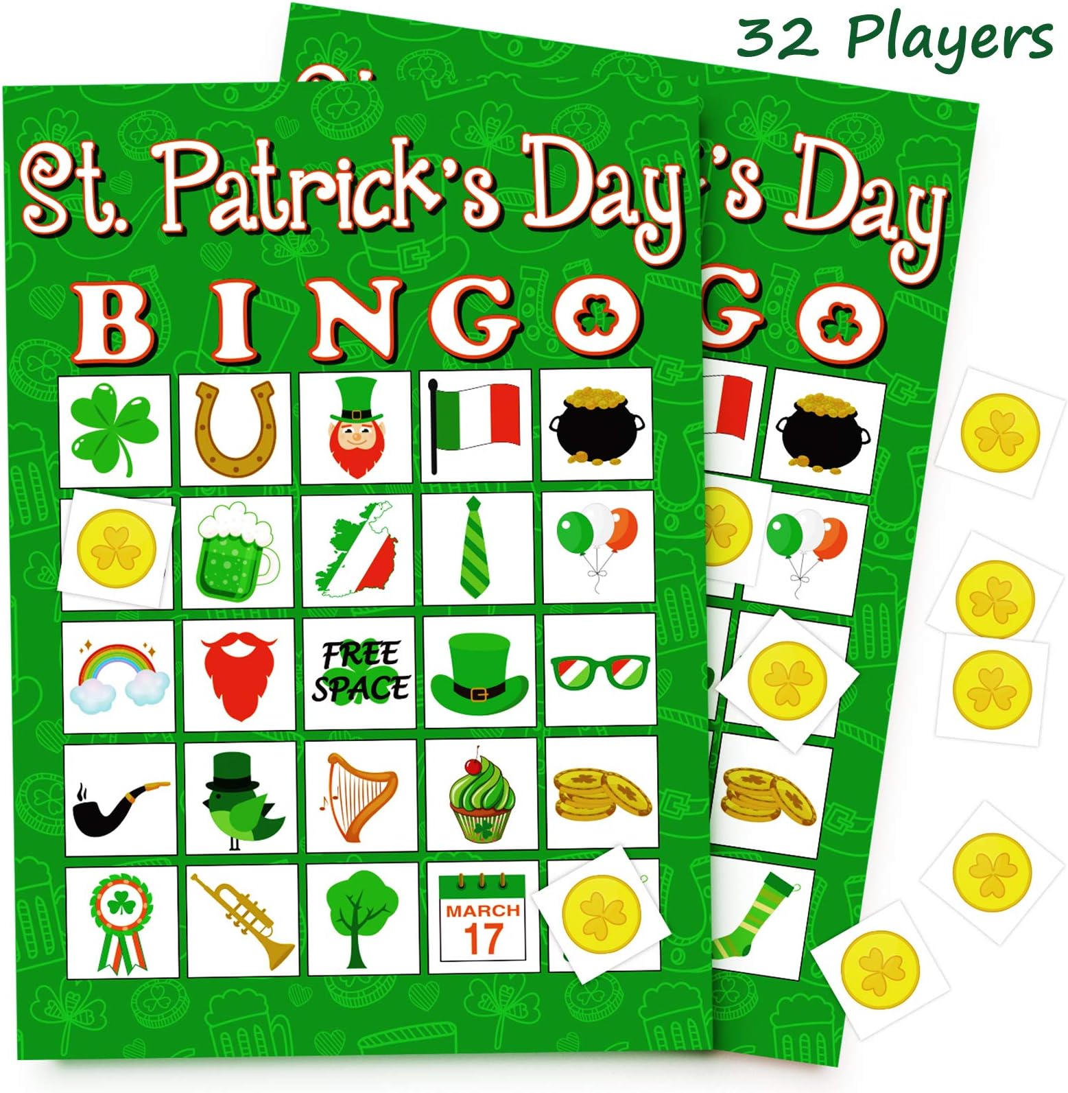 Moon Boat 32Players St. Patrick’s Day Bingo Game for Adults Shamrock Party Activity