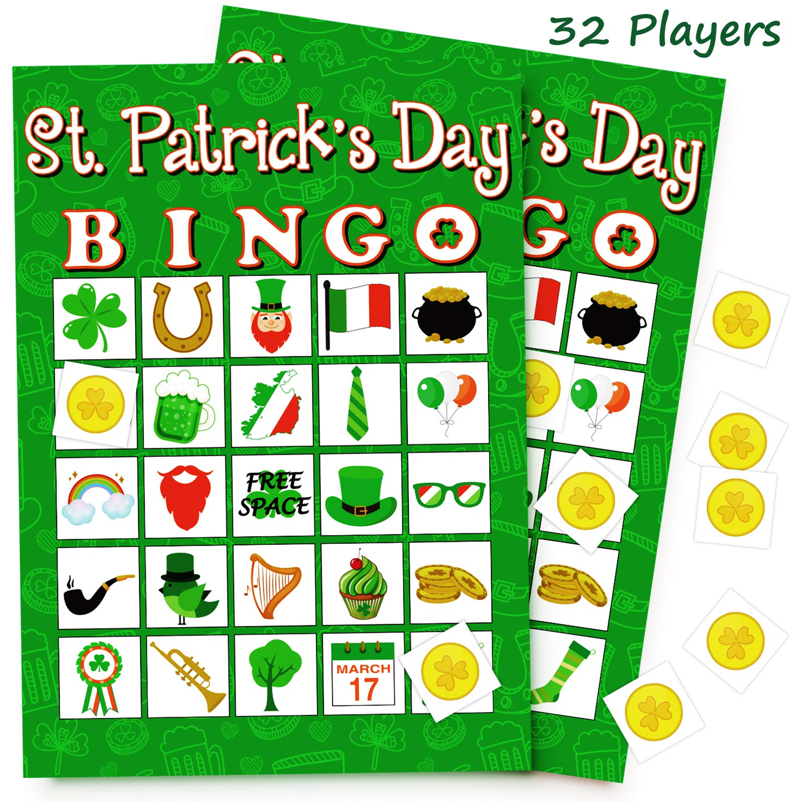 Moon Boat 32Players St. Patrick’s Day Bingo Game for Adults Shamrock Party Activity