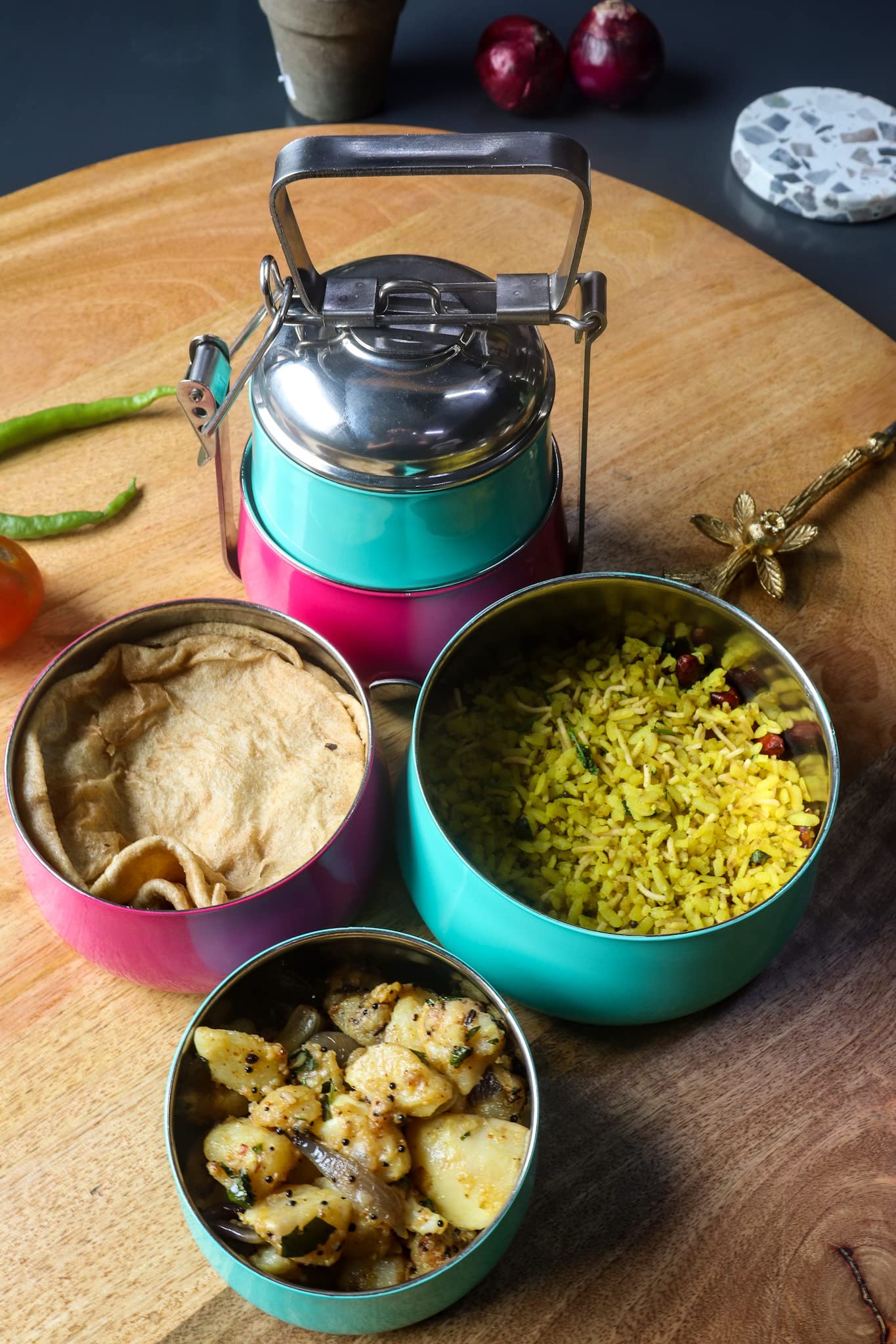 Elan 3 Tier Traditional Indian Lunch Box | Three Compartment Stainless Steel Tiffin Box for Office | Pyramid Shape Food Carrier for Men (Aqua-Pink-Aqua, 3T), 250 ml (B01CSY9HJA) Amazon Price History, Amazon Price Tracker