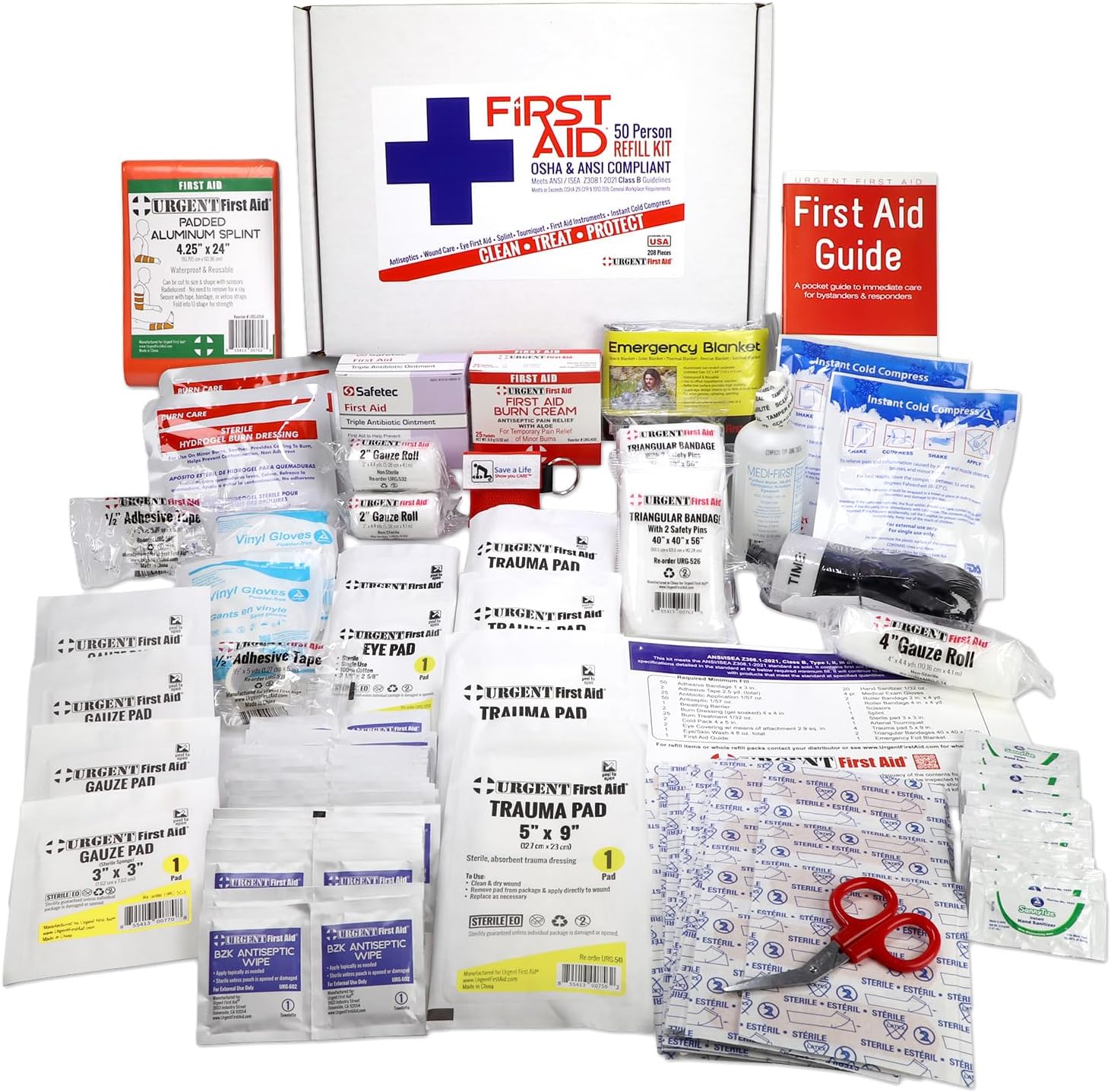 OSHA & ANSI First Aid Kit Refill/Upgrade, 50 Person, 208 Pieces, ANSI 2021 Class B - Includes Splint, Tourniquet, Tools, Single dose and More: Fill Your kit or use to Upgrade to Current regulationsโฆ