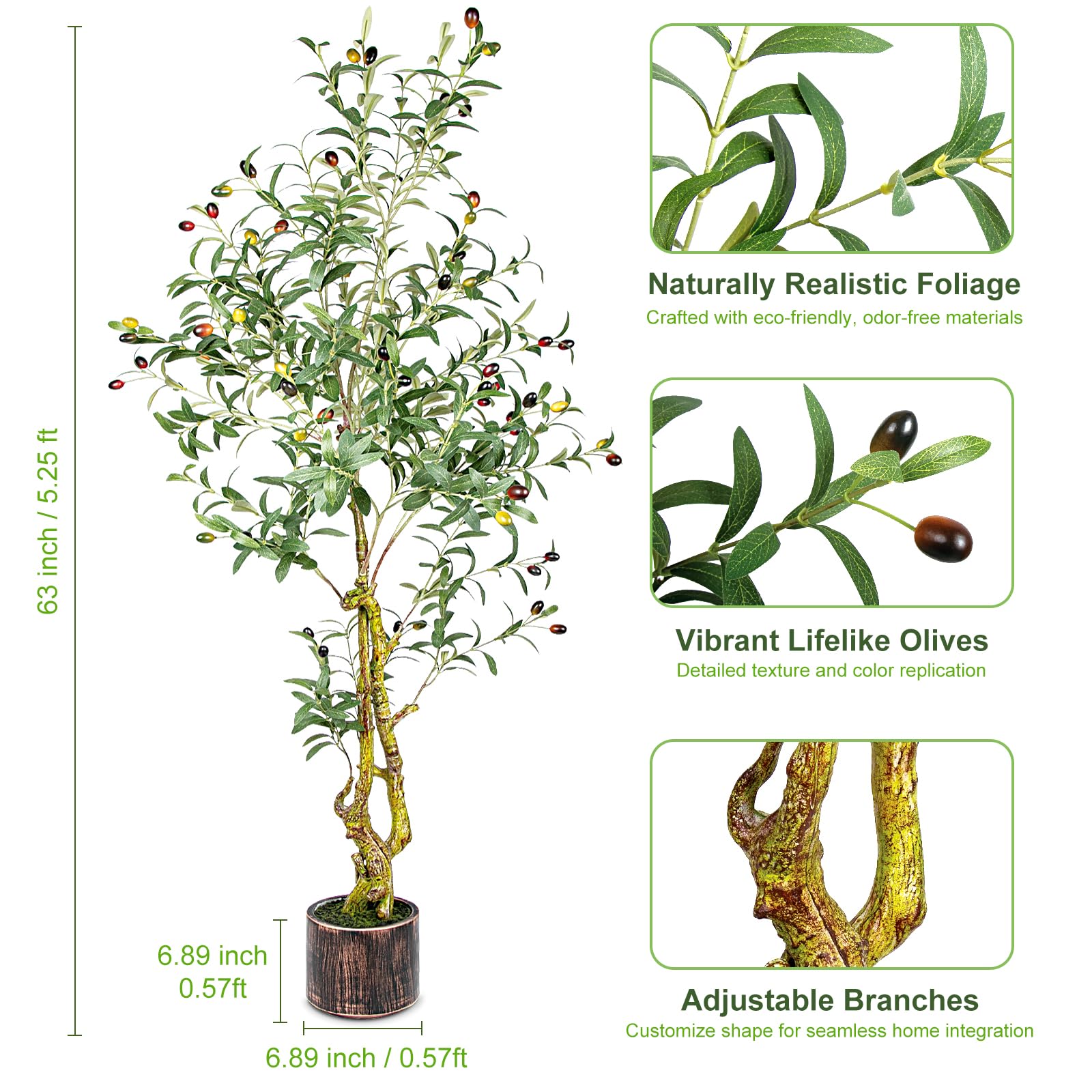 5FT Artificial Olive Tree Indoor - Lifelike Fake Olive Tree with Branches, Leaves & Fruits, Realistic Faux Tree for Bathroom, Office, Bedroom Decor, Compact Home Decor Plants