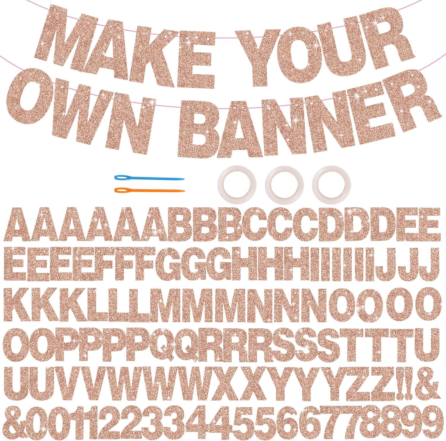 DecoGlee 116 PCS A-Z Glitter Rose Gold DIY Letter Banner Kit Make Your Own Banner,Including 111 Letters and Numbers 3 Rope and 2 Threading Device,for Birthday Graduation Wedding Halloween Party Decor — image 1