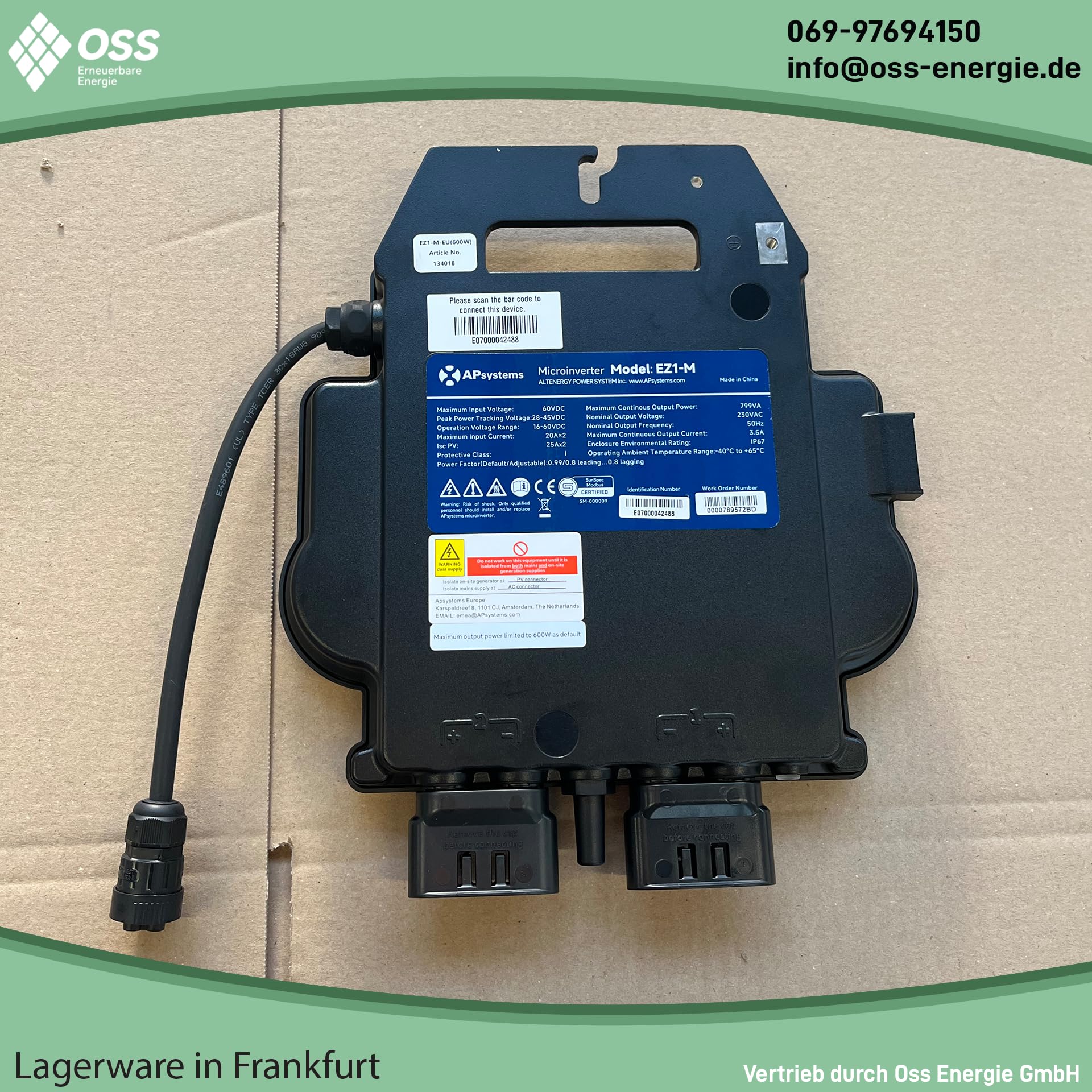 APsystems EZ1-M 600/800W Microinverter con WiFi & Bluetooth, per Impianto Solare da Balcone, fino a 799VA regolabile