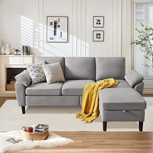 Sectional Sofa for Living Room,82" L Shape 3-Seater Couch with Storage Ottoman Polyster Fabre Sofa for Small Spaces, Light Grey