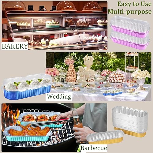 Miniatura 7 de JOYKLE Mini moldes para tartas con tapas, mini moldes para hornear, tazas largas de papel de aluminio, paquete de 50 mini moldes para pan y tapas,