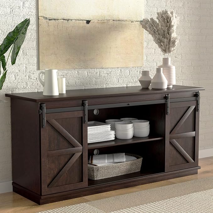 YESHOMY TV Stand for Televisions up to 65 Inchs, with Sliding Barn Doors and Storage Cabinets, Console Table and Media Furniture for Living Room, 58 Inch, Espresso