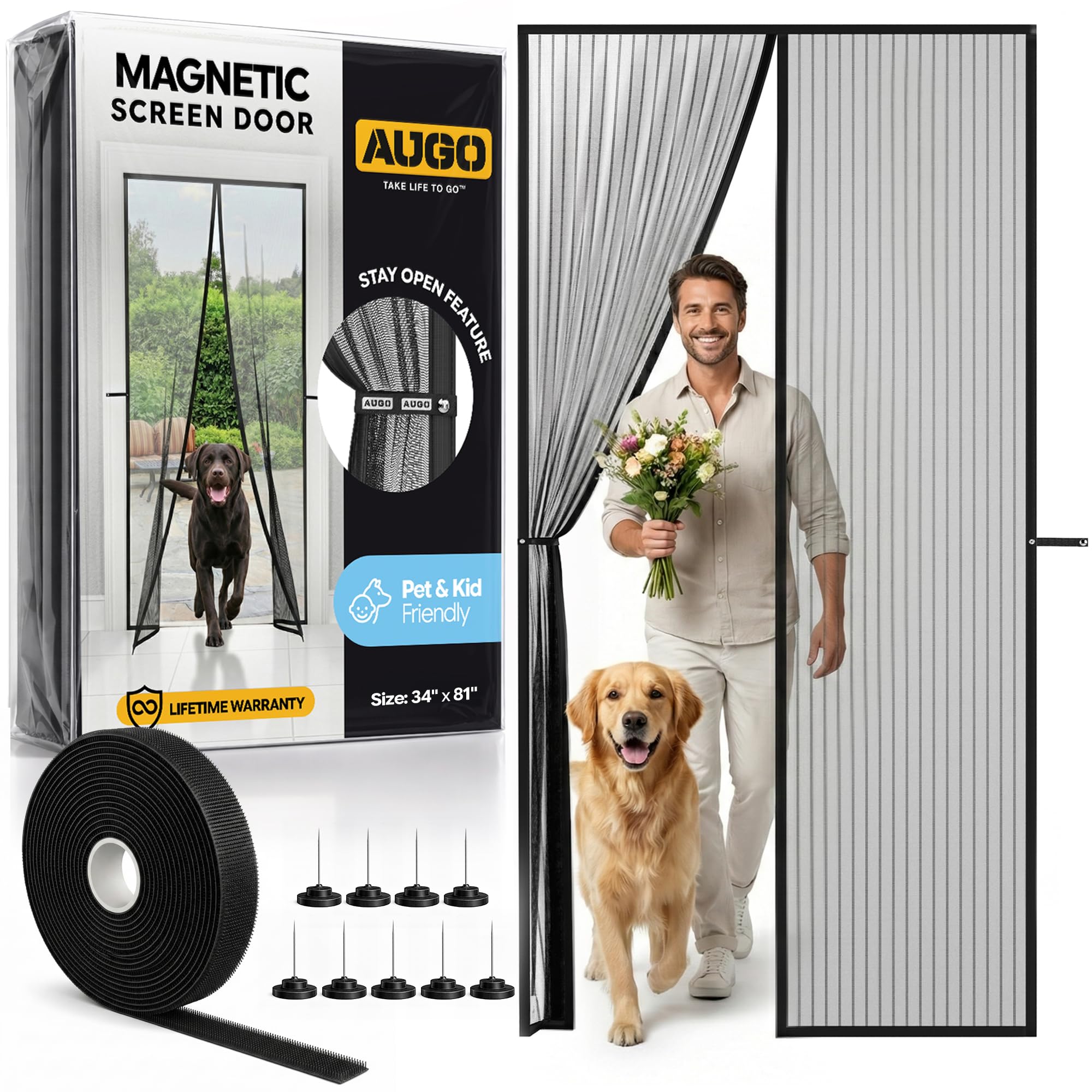 AUGO Magnetic Screen Door - Self Sealing, Heavy Duty, Hands Free Mesh Partition Keeps Bugs Out - Pet and Kid Friendly - Patent Pending Keep Open Feature - 34 Inch x 81 Inch