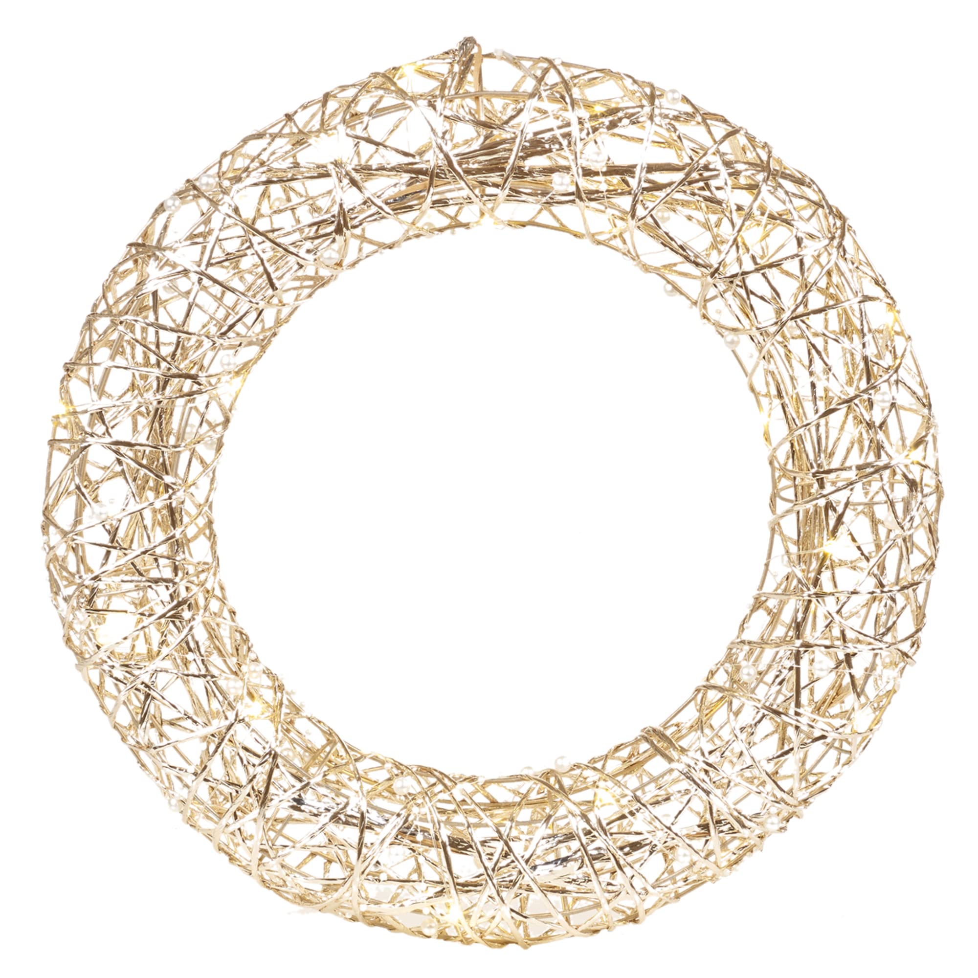 URBNLIVING Light Up LED Festive Decorative Christmas Wall Door Hanging Wreath | Battery Operated Pre Lit Xmas Wreath (Gold Wire & White Pearls, 40cm with 30LEDs)