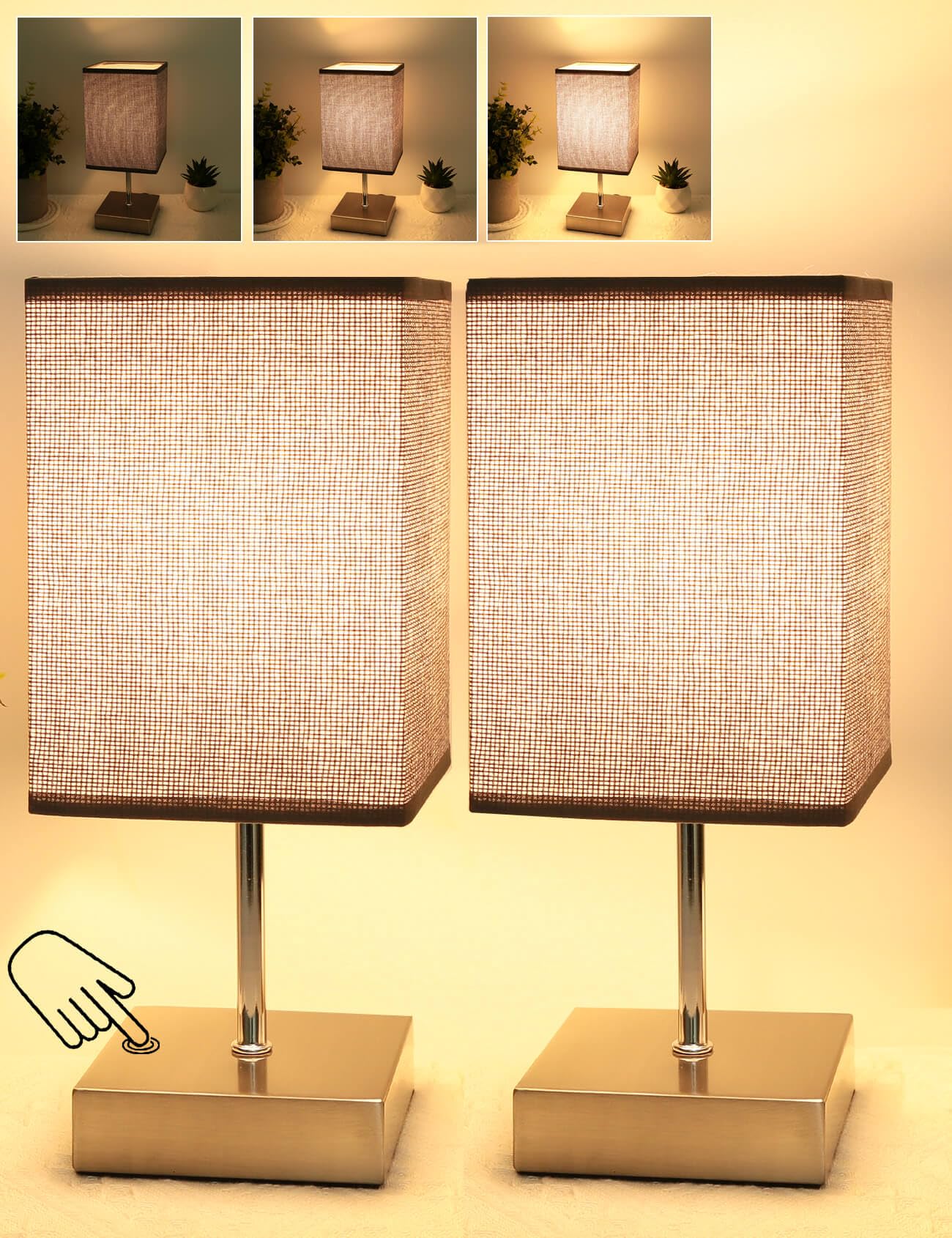 HSLighting Bedside Lamps, Touch Control Table Lamp 3-Way Brightness Dimmable 2Pack Small Square Lamp with Metal Base LED Desk Lamp Minimalist Nightstand for Bedroom Living Room Gift
