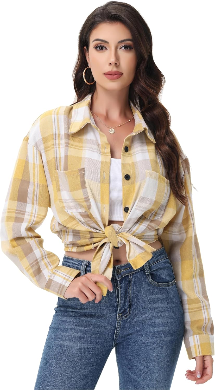 Womens Button Down Plaid Shirts Oversized Long Sleeve Collared Casual Blouse Top - Image 5