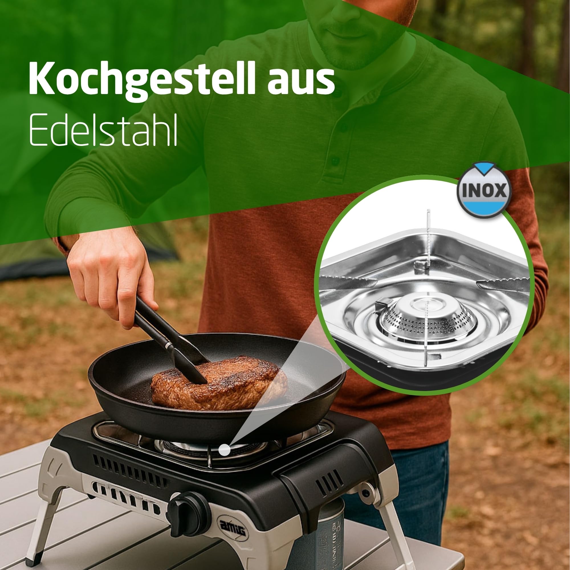 Amig – Camping Gas Möunt - Tragbarer Gaskocher für den Außenbereich – mit Edelstahlhalterung und Flammenregler – 2,4 kW Leistung – Für Ausflüge und Camping