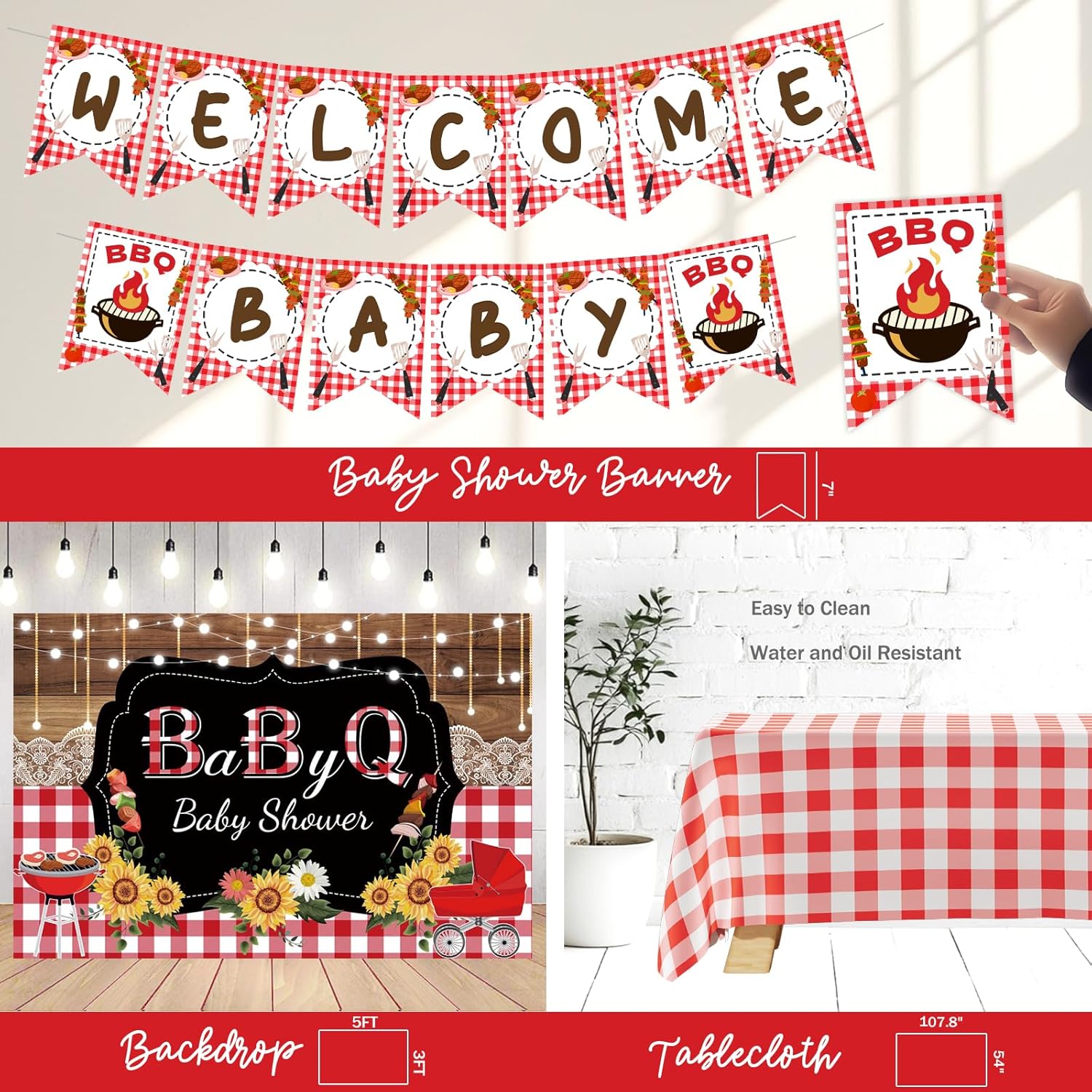 Baby Q Baby Shower Decorations, 119 PCs - BBQ Baby Shower Party Supplies with Babyque Backdrop, Balloon Garland, Cake Topper, Mom to Be Sash