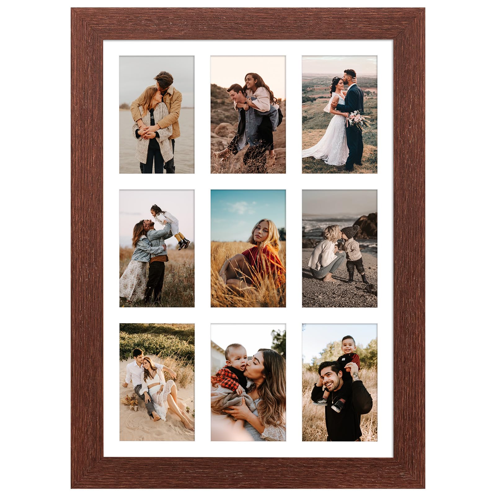Cadre multi-photos 9 ouvertures 10x15 cm en bois de noyer 34,5x49,5 cm avec passe-partout