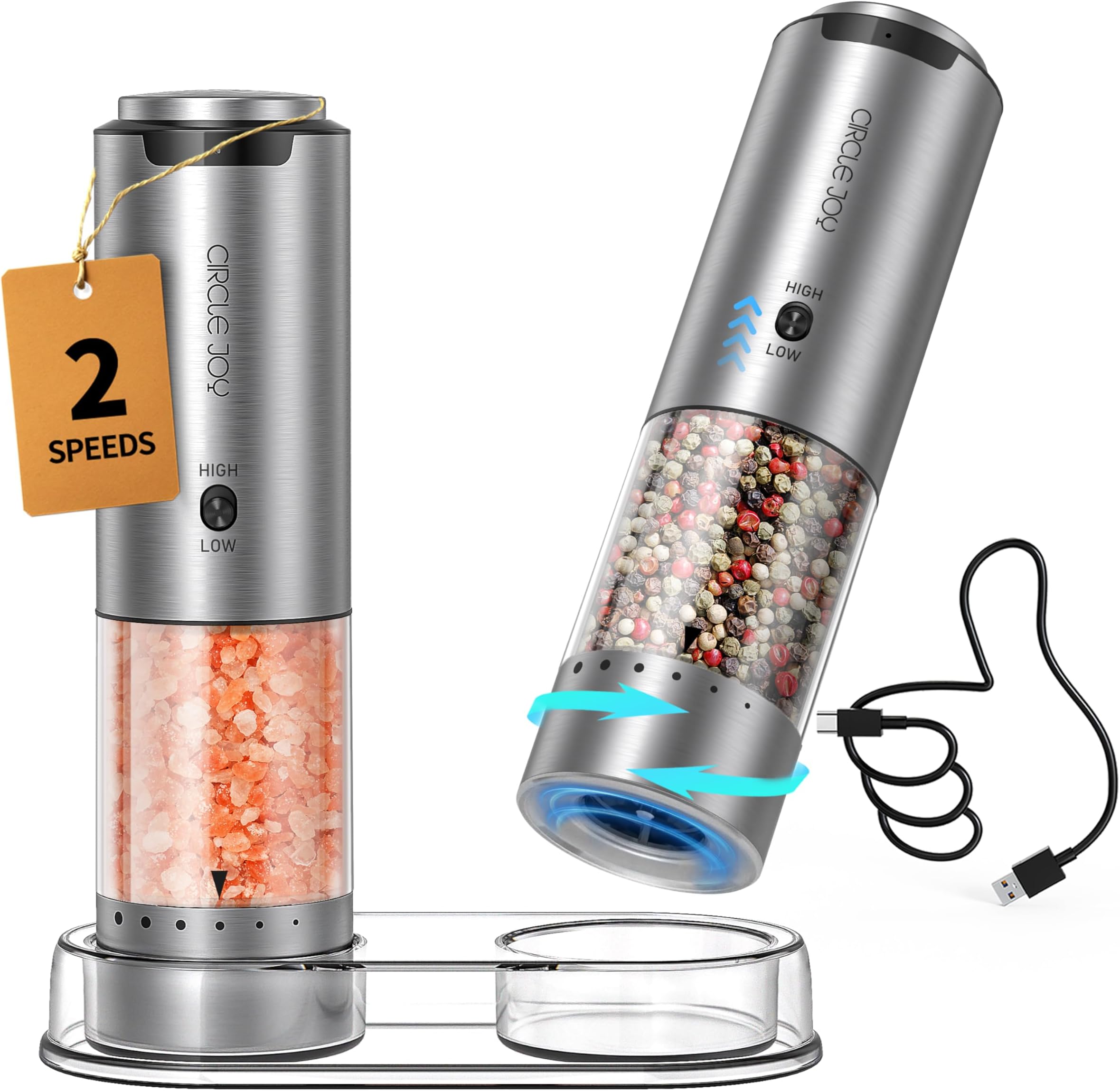 - CIRCLE JOY Electric Salt and Pepper Grinder Set Stainless Steel Rechargeable Salt and Pepper Grinder Set, Variable Grinding Speed, External Adjustable Coarseness, Storage Base, White LED Light, Silver