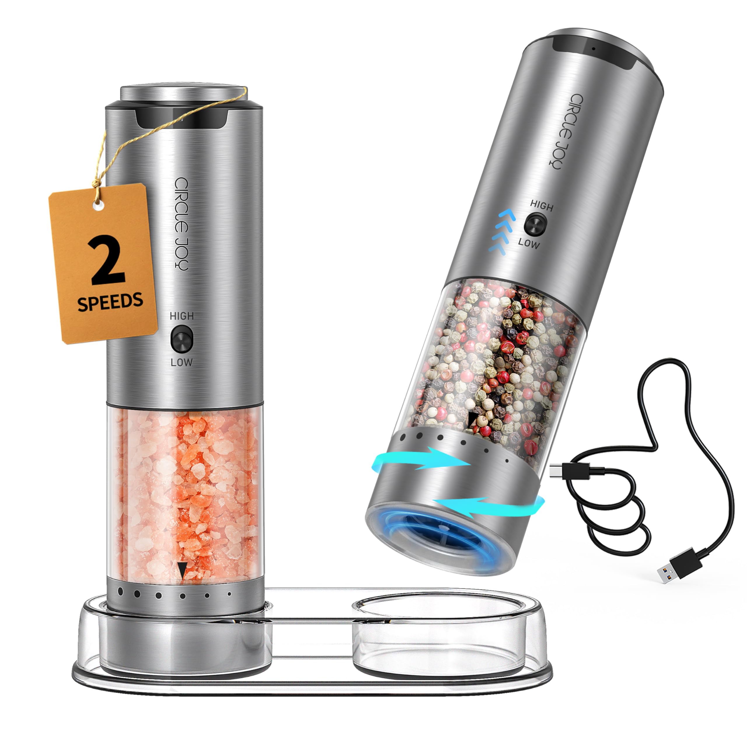 CIRCLE JOY Electric Salt and Pepper Grinder Set Stainless Steel Rechargeable Salt and Pepper Grinder Set, Variable Grinding Speed, External Adjustable Coarseness, Storage Base, Whiet LED Light, Silver