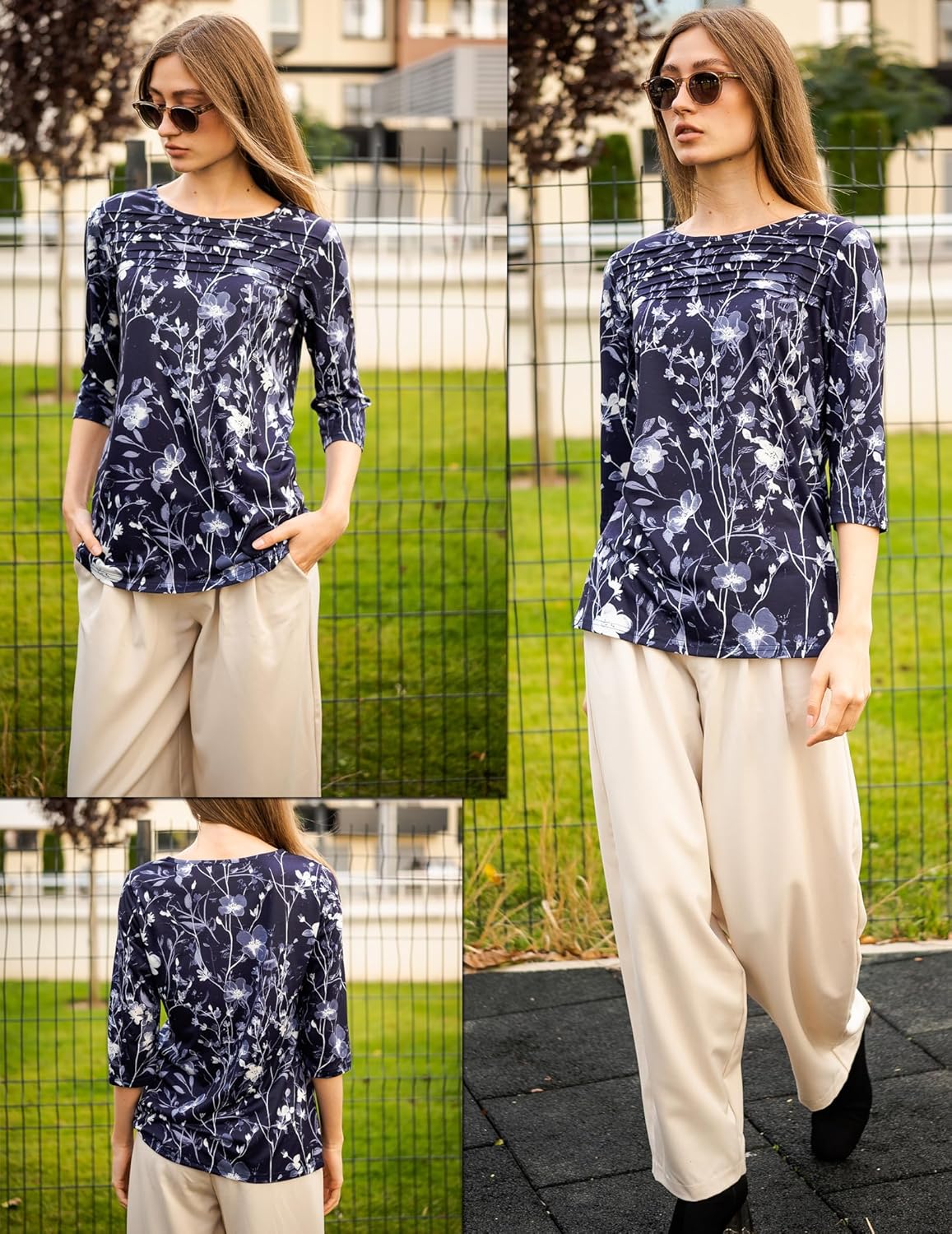 Zeagoo Womens Tops 3/4 Length Sleeve Blouses Dressy Casual Shirt Pleated Front Tunic Floral Printed Spring Clothes - Image 2