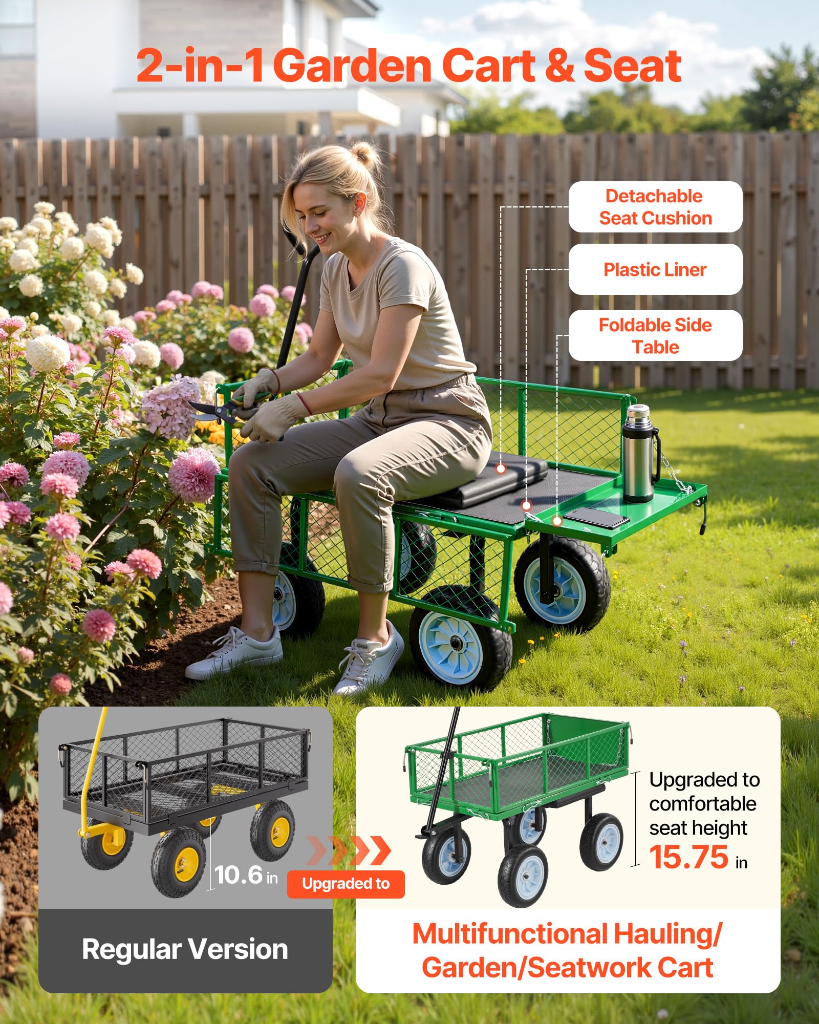 VEVOR Carrello Portaoggetti da Giardino con Sedile Carretto da Giardinaggio in Acciaio Carico max da 226,8 kg Carrello per Trasporto da Giardino con Lati Rimovibili, Legna Terra Detriti, Verde