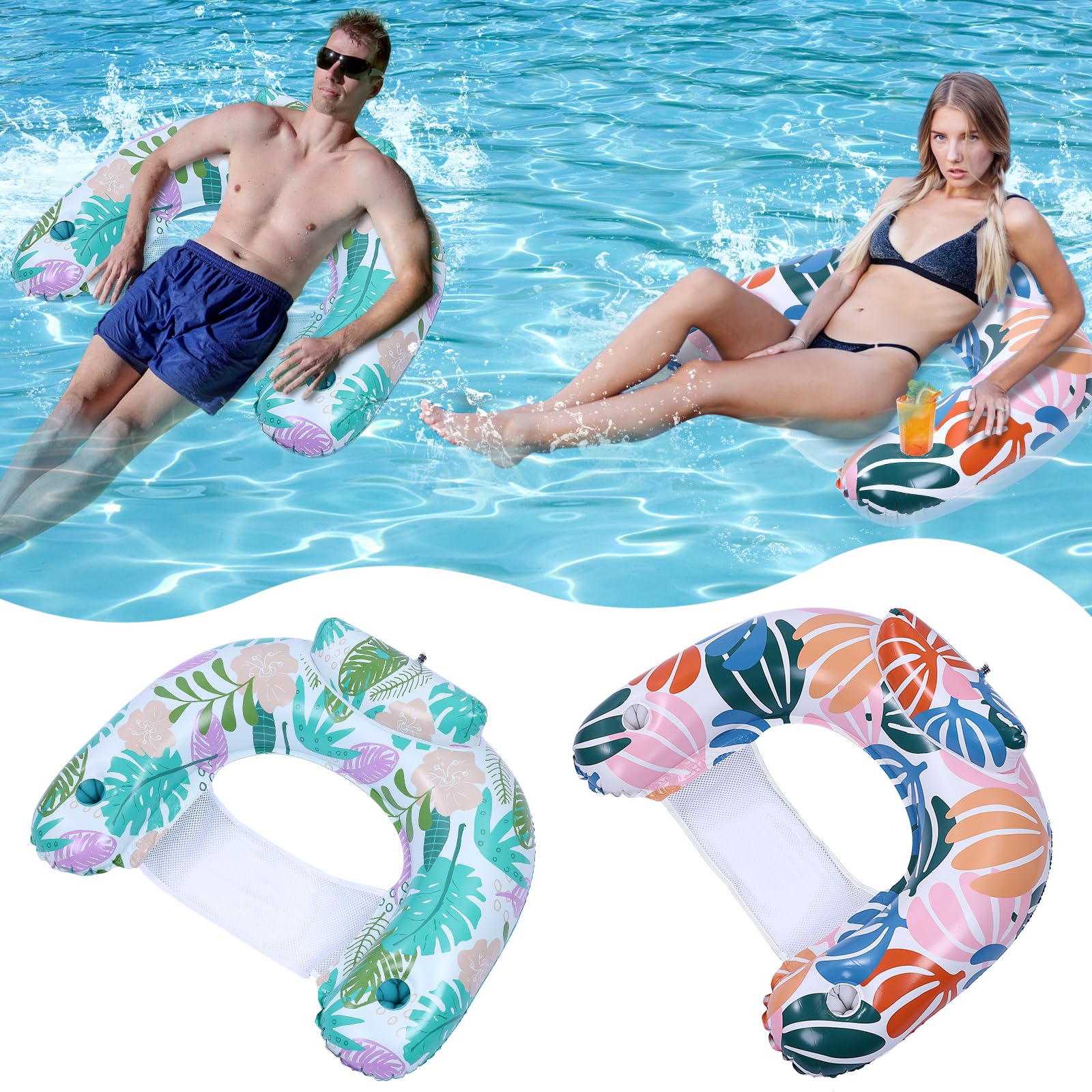 Pool Float Adults, Inflatable Pool Float Chair with Cup Holder Lounge Hammock Pool Toys for Swimming Pool Beach Ocean River Outdoor Party Floaties